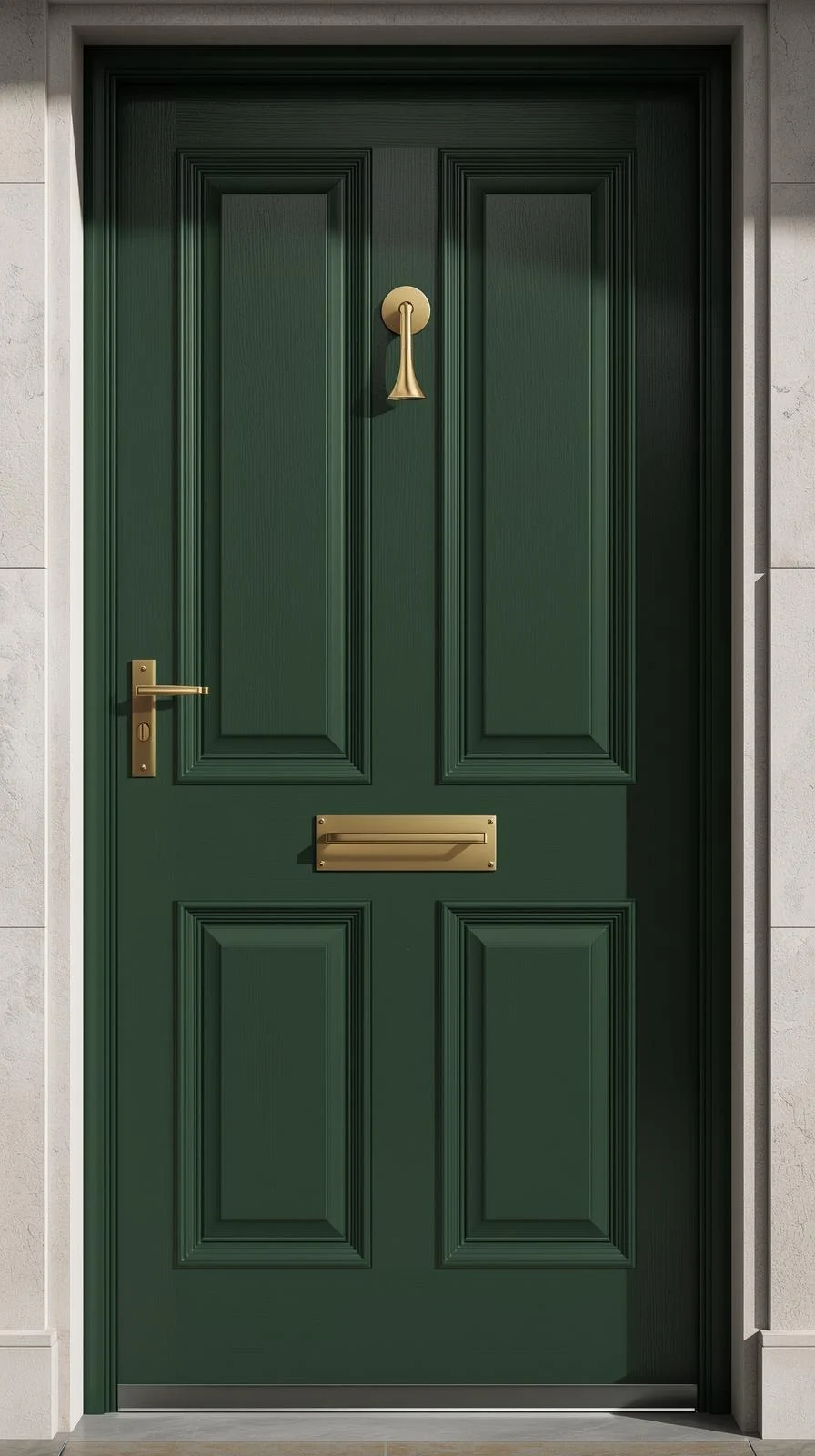 Une grande porte d'entrée vert forêt, style classique avec moulures, et une quincaillerie élégante en laiton doré (poignée, heurtoir, boîte aux lettres).