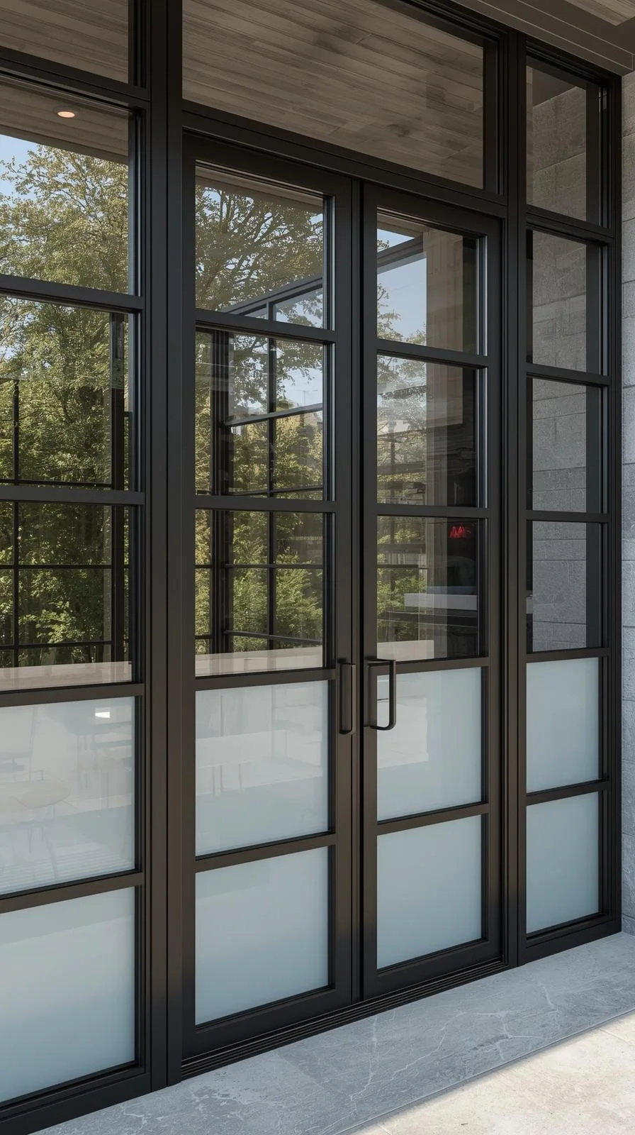 Une grande porte d'entrée vitrée double, avec un cadre métallique noir style industriel chic, laissant entrer la lumière dans l'entrée.