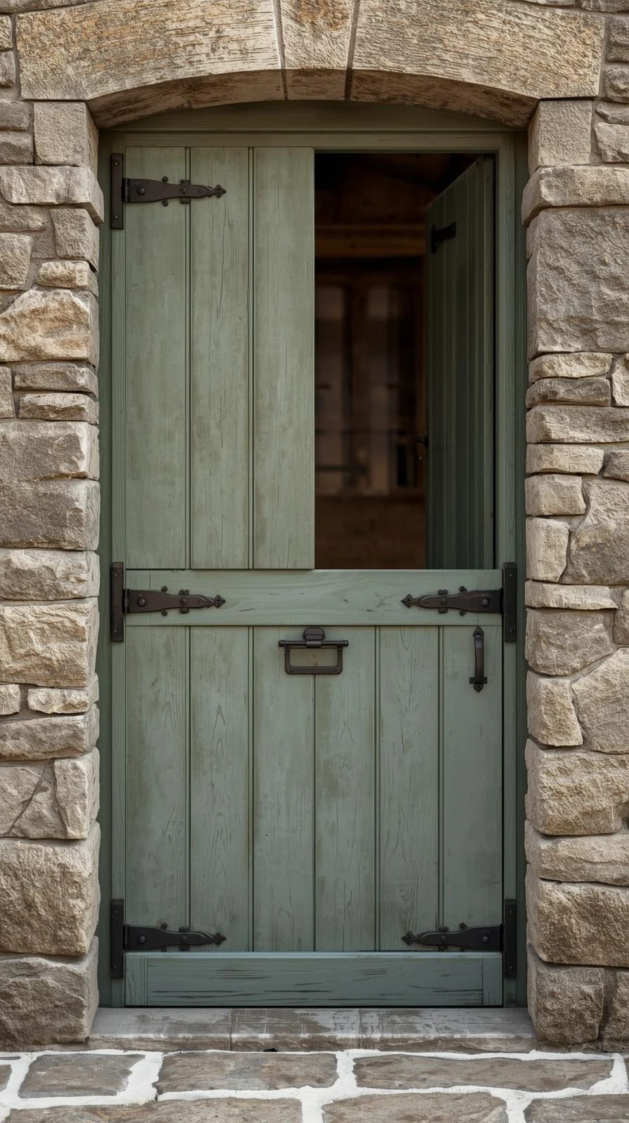 Une porte d'entrée ancienne de style "porte d'écurie" (Dutch door) peinte en vert sauge, coupée en deux horizontalement.