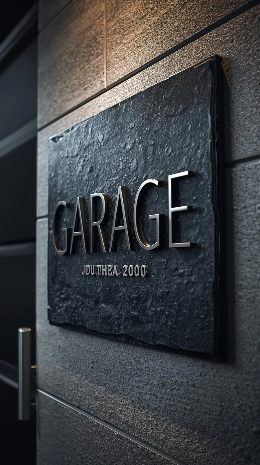 Une plaque de signalétique moderne en ardoise foncée avec le mot "GARAGE" en lettres métalliques en relief, fixée sur un mur.