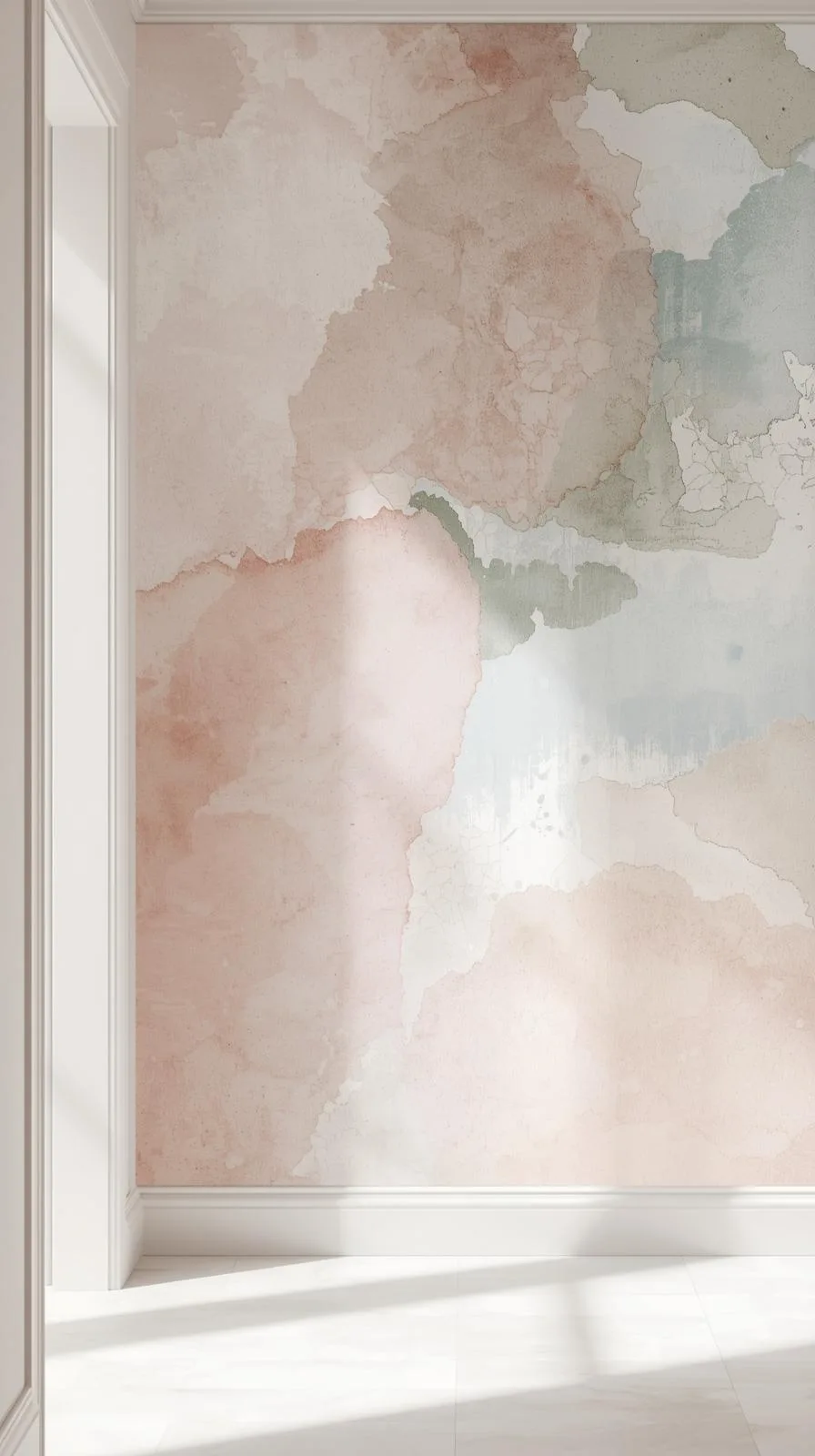 Un mur d'entrée lumineux avec une tapisserie en aquarelle abstraite, montrant des touches de rose poudré, de vert et de bleu.