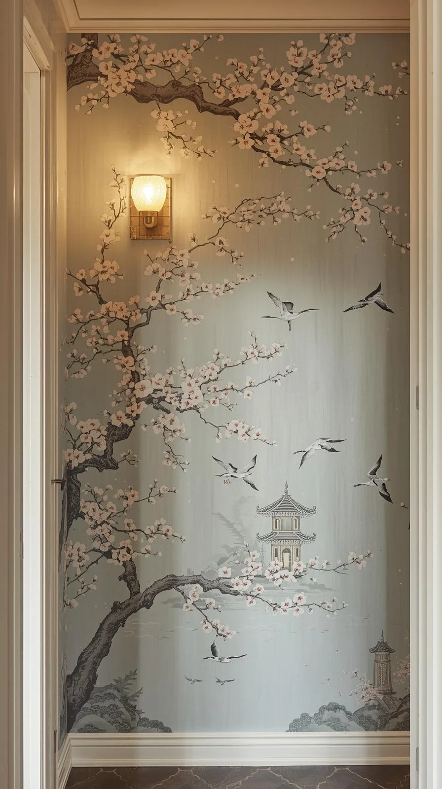 Tapisserie murale de style Chinoiserie avec des branches de cerisiers, des grues et une pagode sur fond bleu-vert clair.