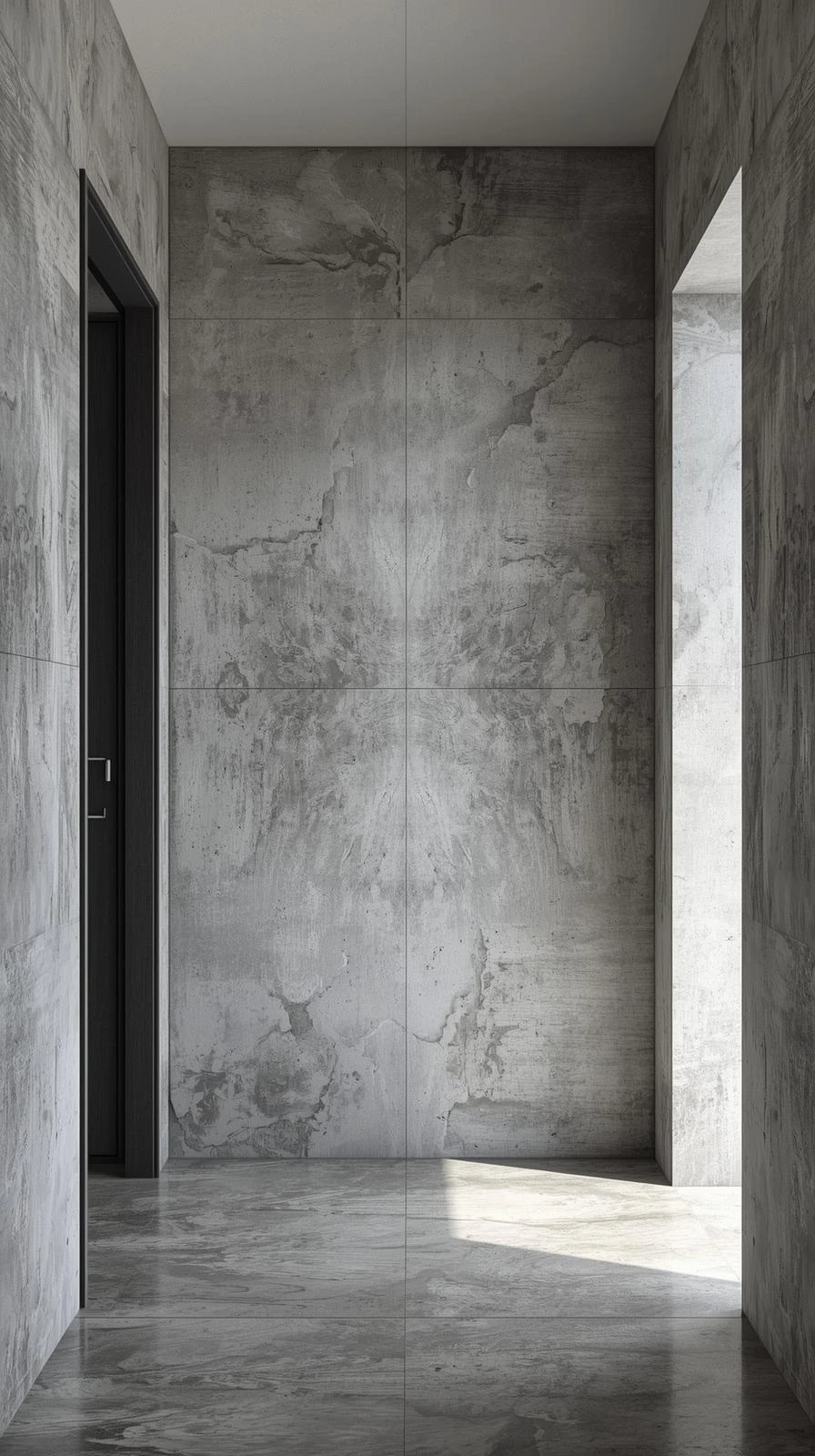 Un couloir d'entrée moderne avec une tapisserie en trompe-l'œil imitant le béton brut et industriel.