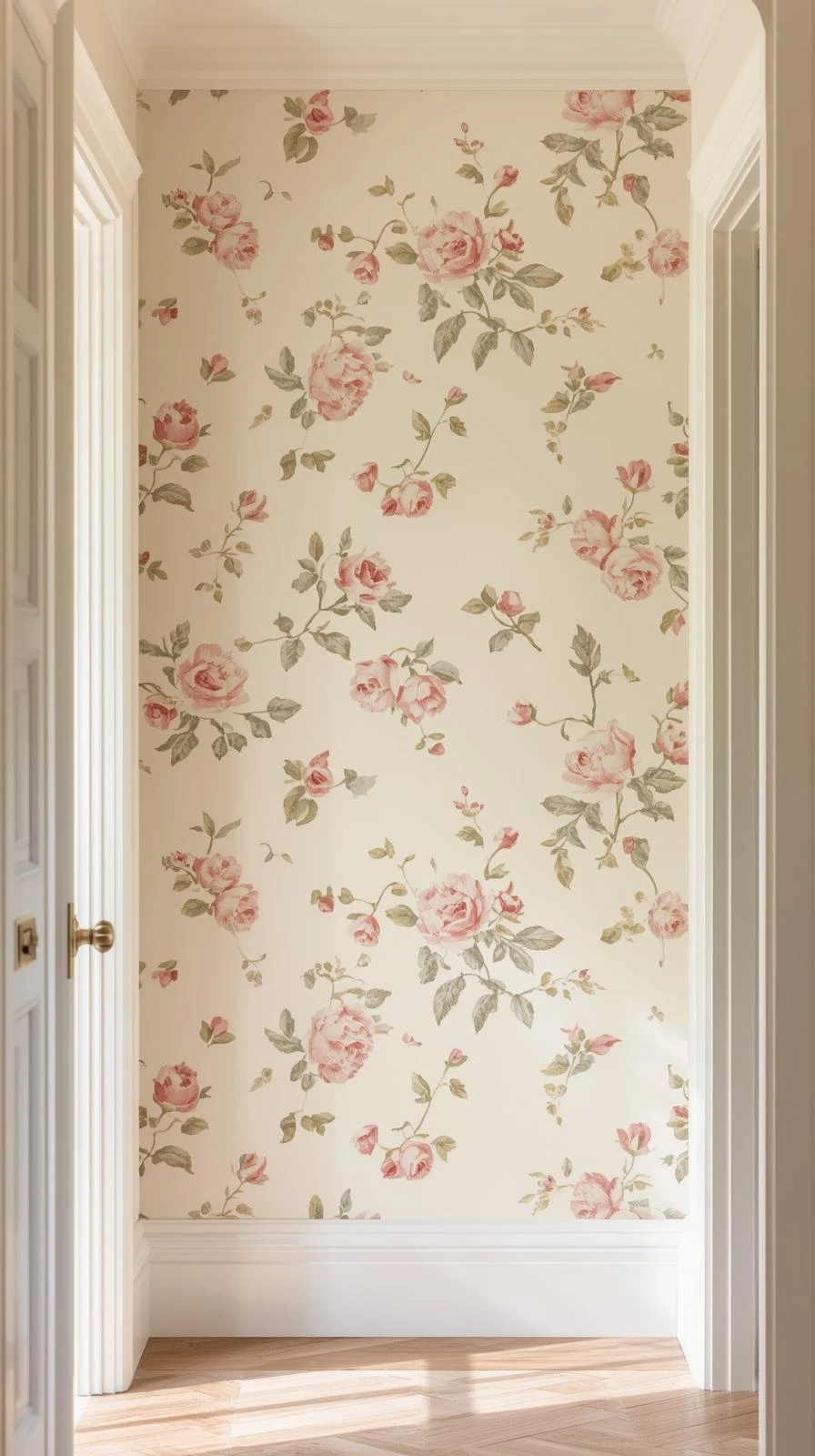 Un mur d'entrée couvert d'une tapisserie à motif de roses roses délicates sur fond crème, style cottage.