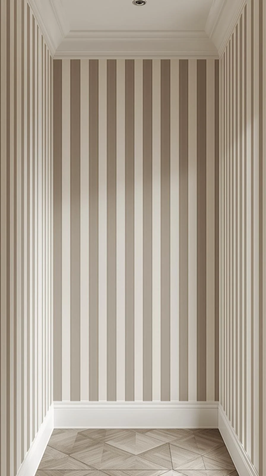 Un couloir d'entrée étroit tapissé de larges rayures verticales beiges et blanches qui donnent une impression de hauteur.