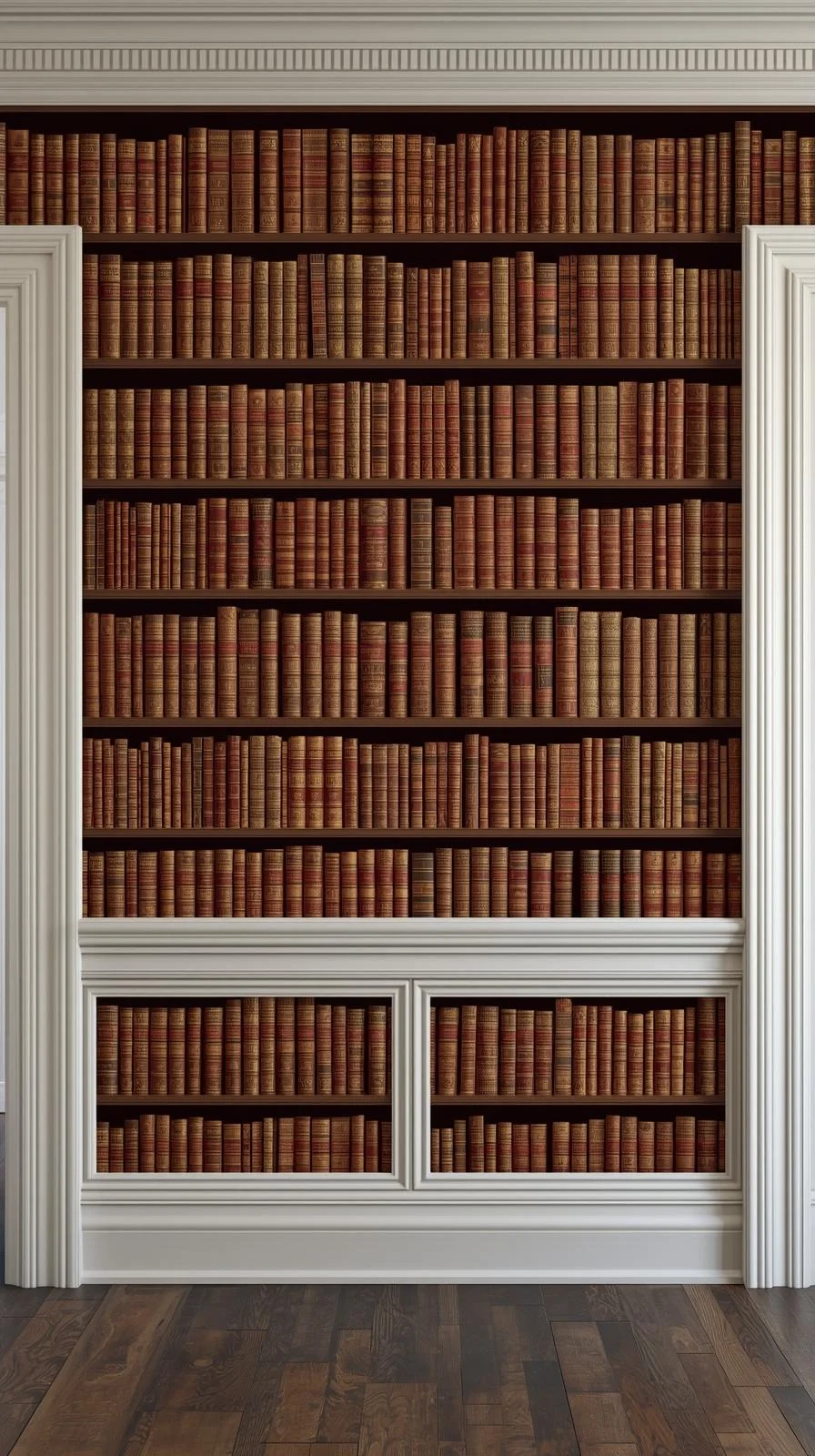 Un mur d'entrée avec une tapisserie en trompe-l'œil réaliste imitant des étagères remplies de livres anciens.