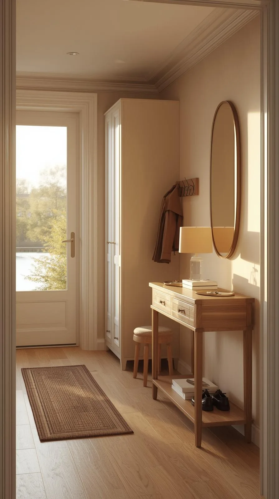 Aménagement complet de meubles d'entrée incluant console, miroir, tabouret, armoire et patères pour une organisation optimale.