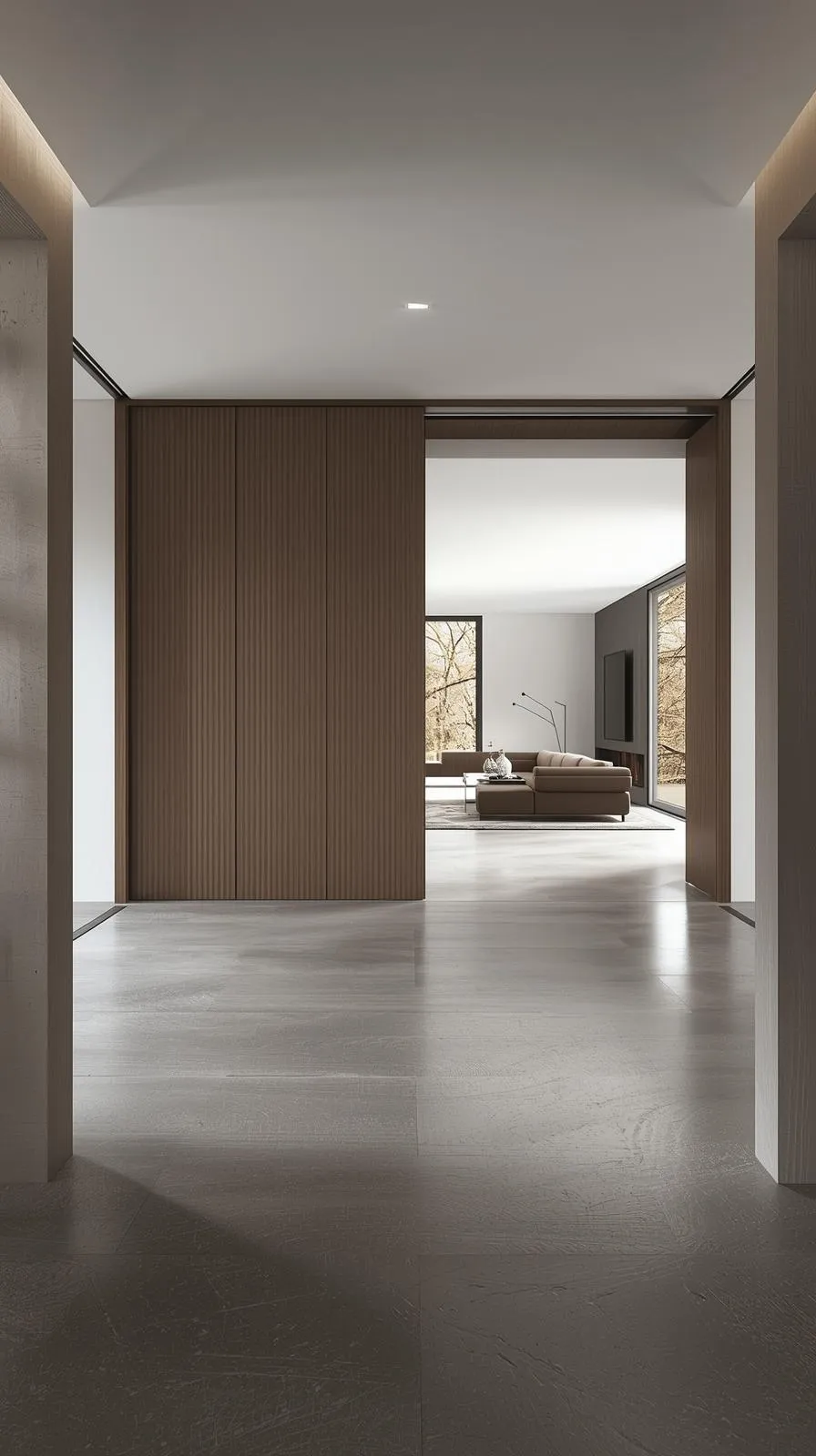 Panneau coulissant en bois texturé, disparaissant dans le mur (à galandage) pour ouvrir un couloir sur un salon moderne.