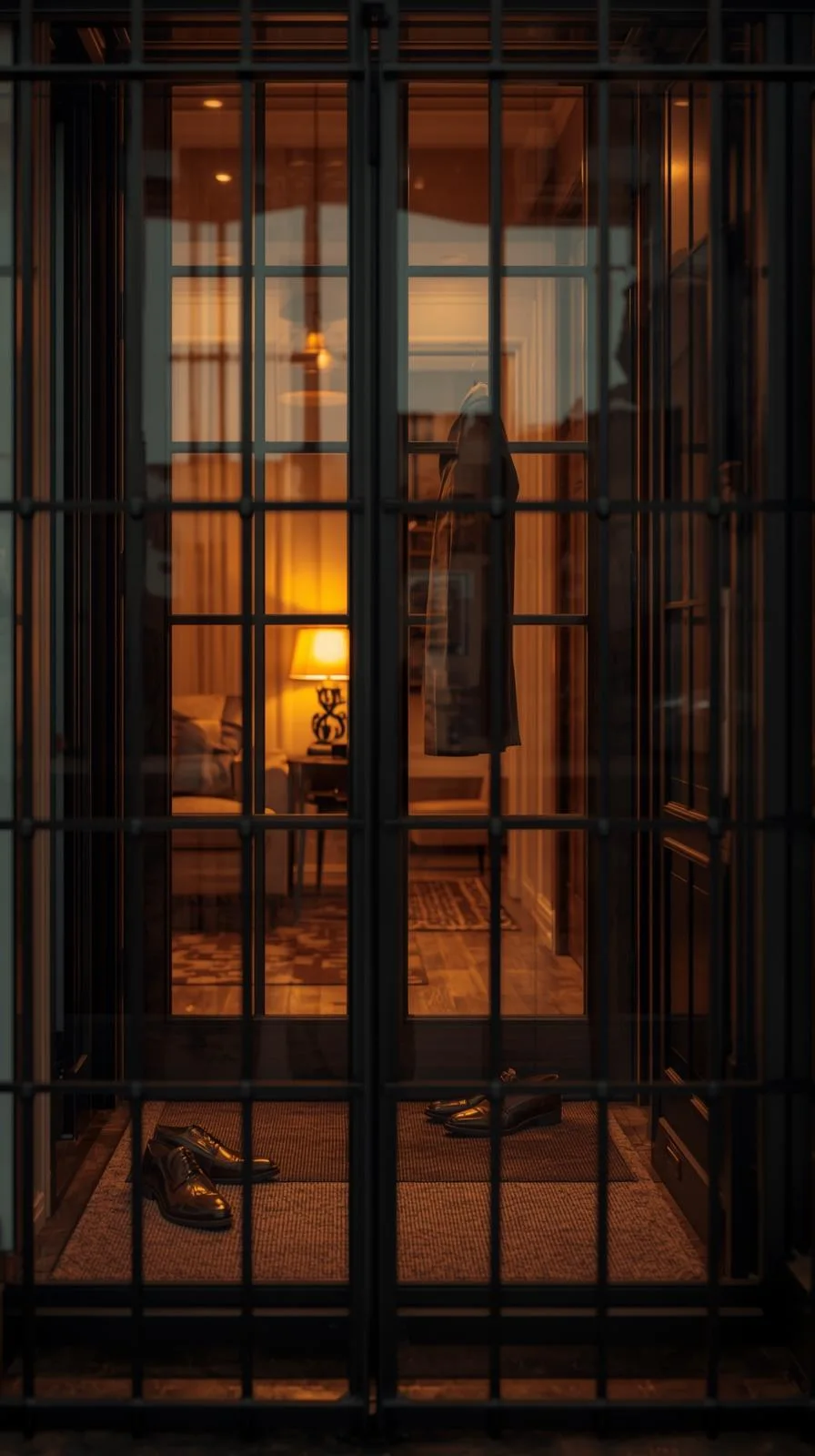 Vue de nuit à travers une verrière d'entrée noire, montrant un intérieur chaleureusement éclairé avec des chaussures posées devant.