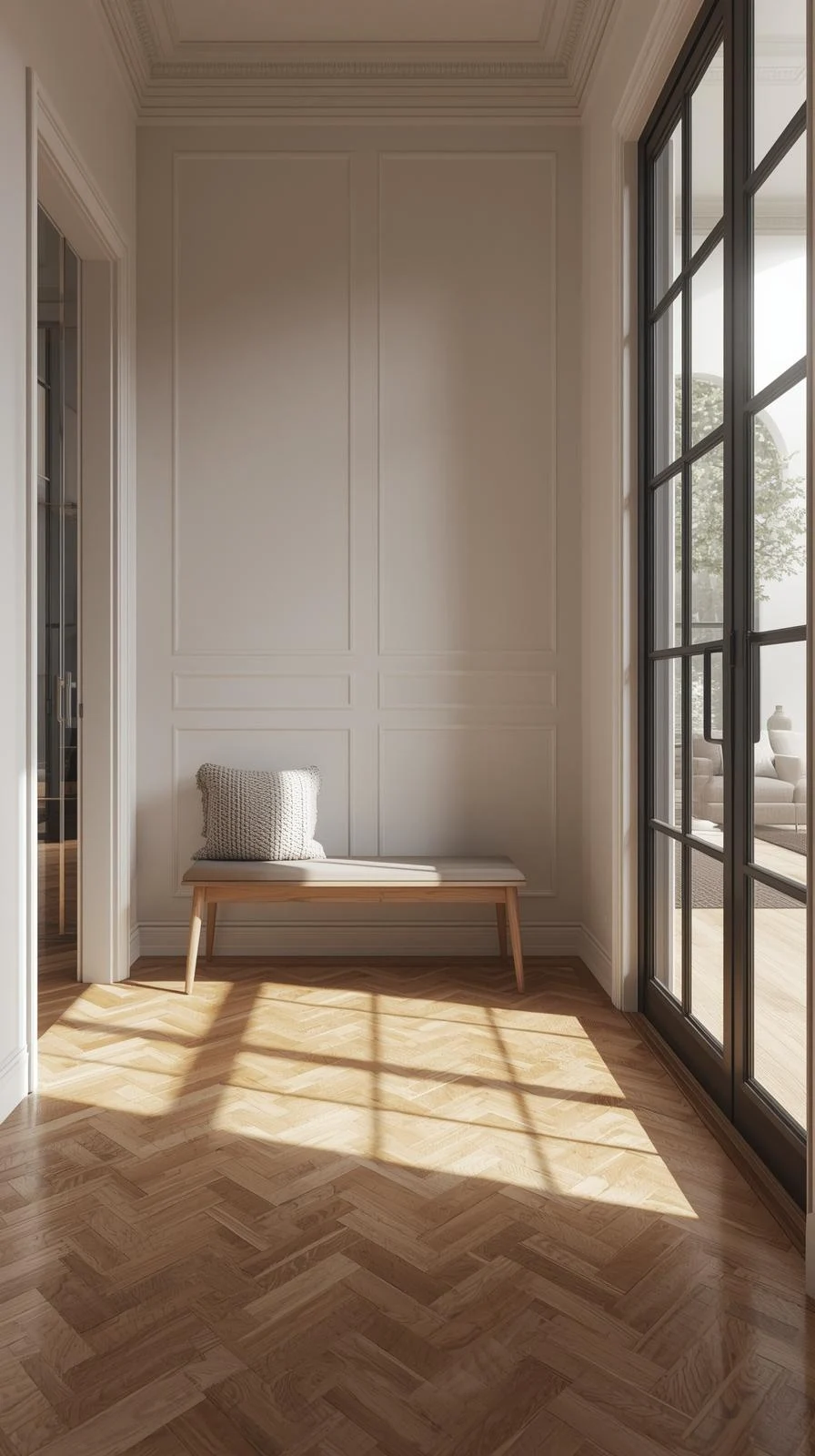 Entrée élégante avec parquet en chevron, moulures murales, et une grande verrière d'atelier noire laissant entrer la lumière.