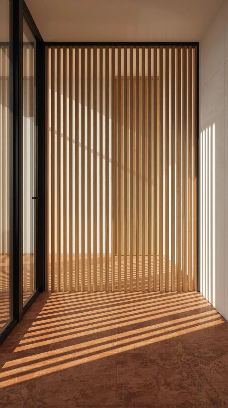 Claustra en bois clair à lames verticales, servant de séparation design et ajourée pour une entrée moderne.