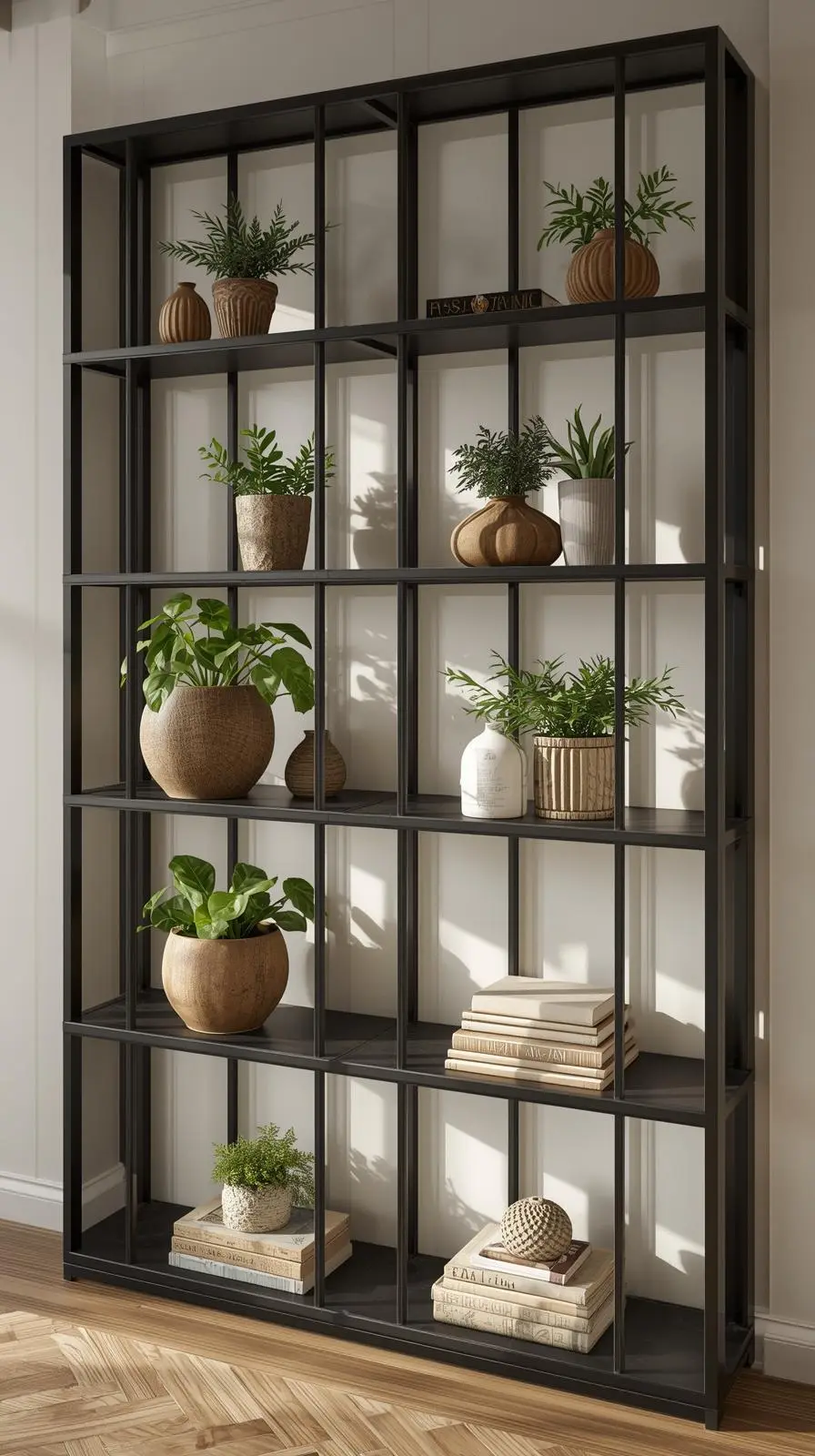 Étagère en métal noir de style verrière, utilisée comme bibliothèque ouverte et meuble pour plantes vertes.