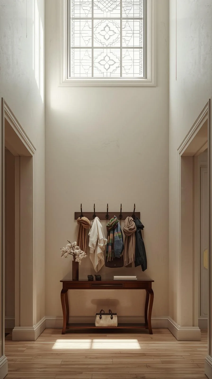 Couloir d'entrée haut de plafond avec une imposte vitrée (fenêtre haute) décorative, apportant de la lumière zénithale.