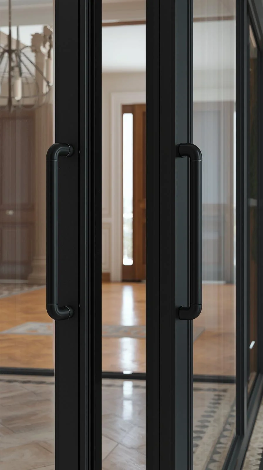 Gros plan sur des poignées noires modernes sur une double porte battante en verrière style atelier.