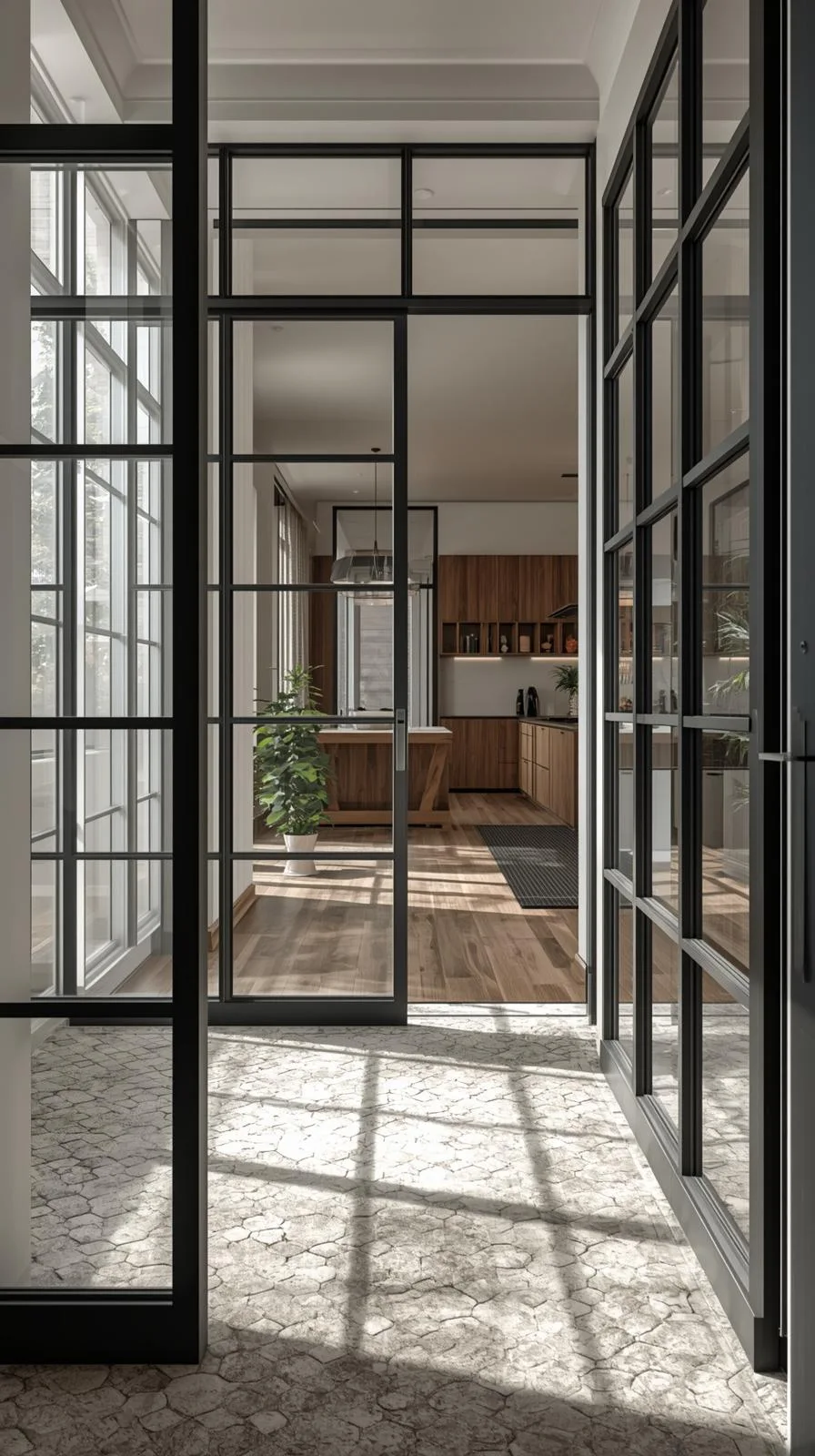 Verrière d'entrée noire avec porte coulissante vitrée donnant sur une cuisine moderne en bois.