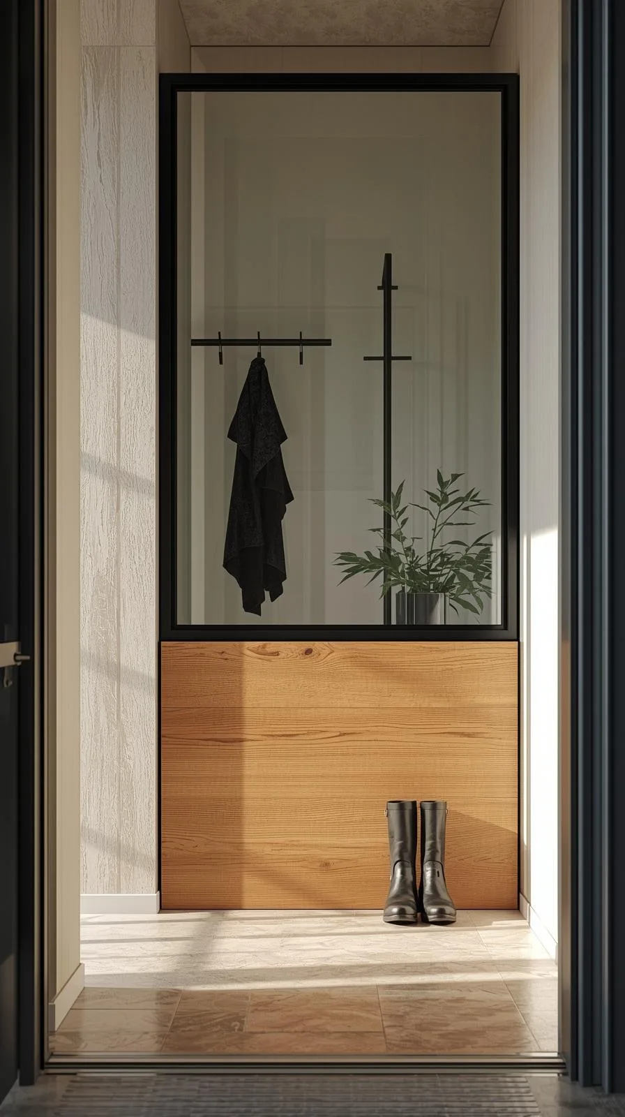 Verrière d'entrée style atelier avec soubassement plein en bois clair, créant un sas d'entrée fonctionnel.