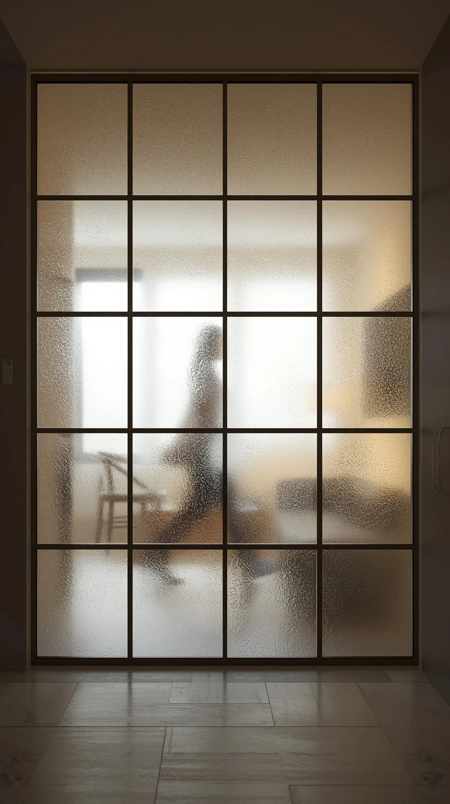 Verrière d'entrée style atelier avec verre dépoli ou givré, montrant une silhouette floue pour préserver l'intimité.