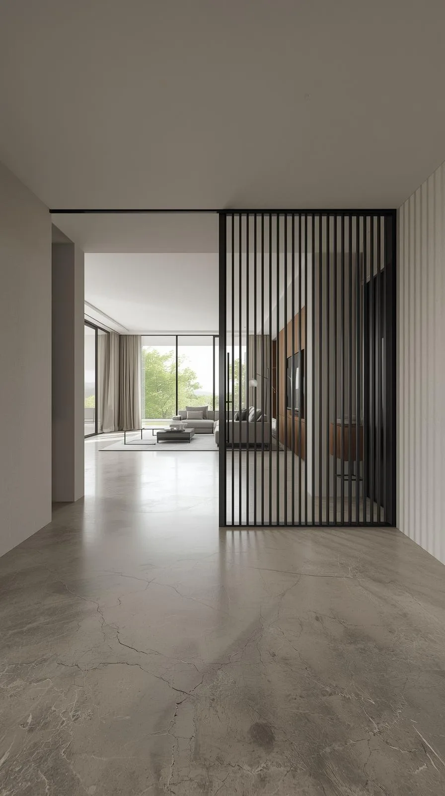 Claustra intérieur noir à lames verticales, servant de séparation design entre l'entrée et le salon.