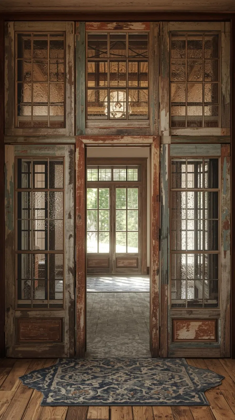 Verrière d'entrée unique fabriquée à partir d'anciennes fenêtres en bois récupérées, avec peinture écaillée et verre texturé.