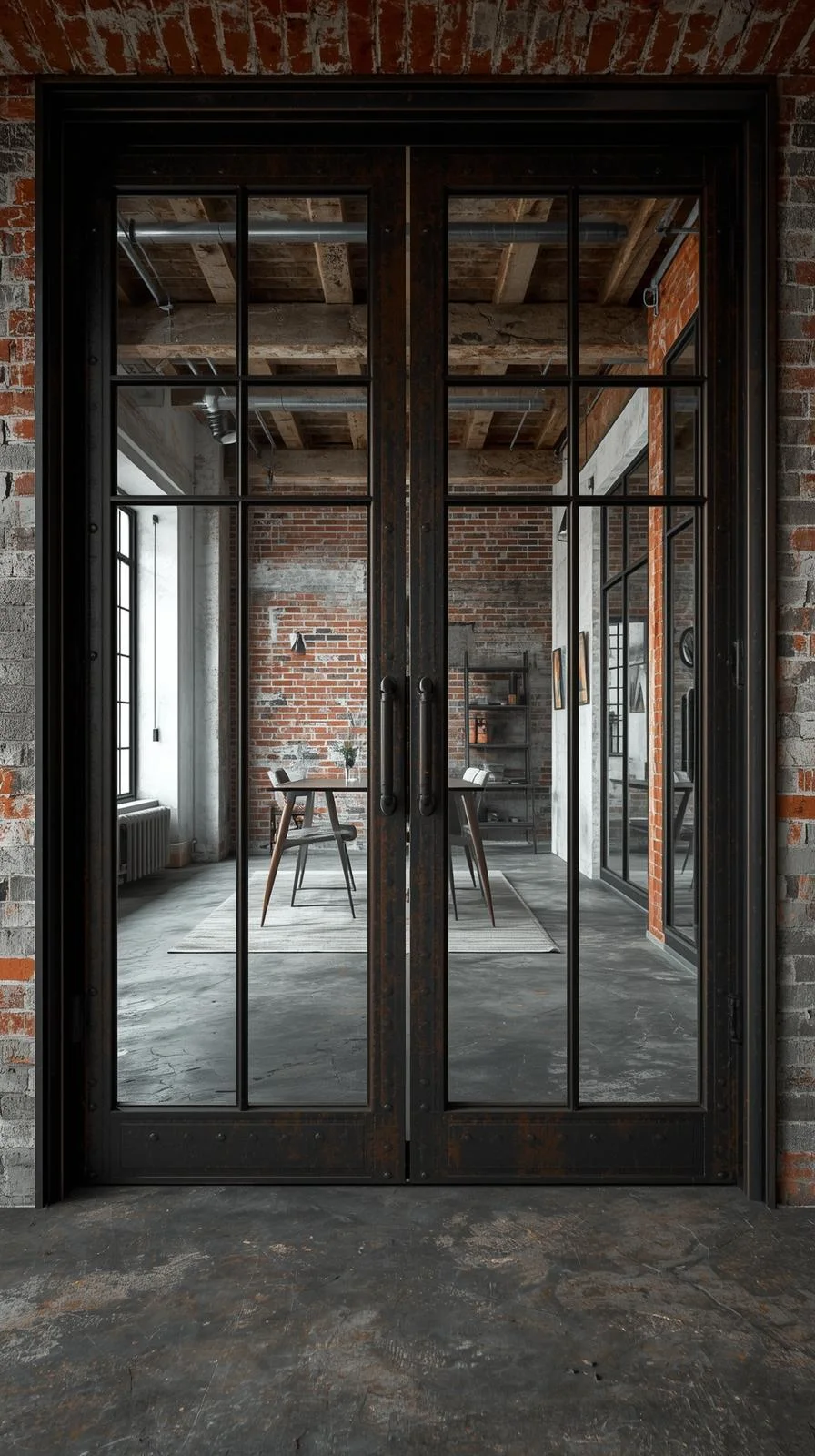 Double porte vitrée battante en métal brut foncé, style industriel authentique, dans un mur en briques rouges.