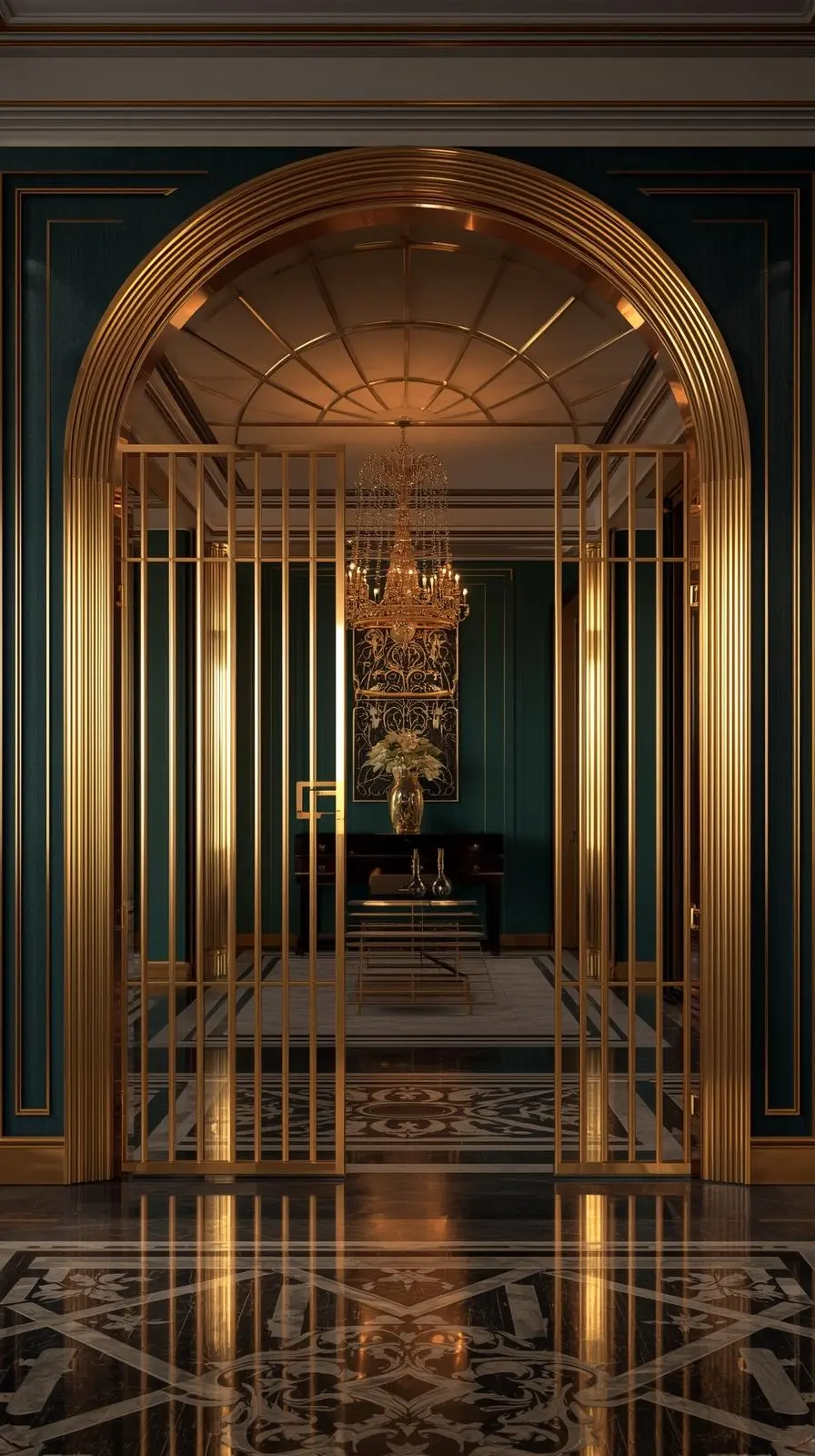 Porte cintrée luxueuse composée de lames verticales en laiton doré brossé, dans un intérieur Art Déco vert foncé.