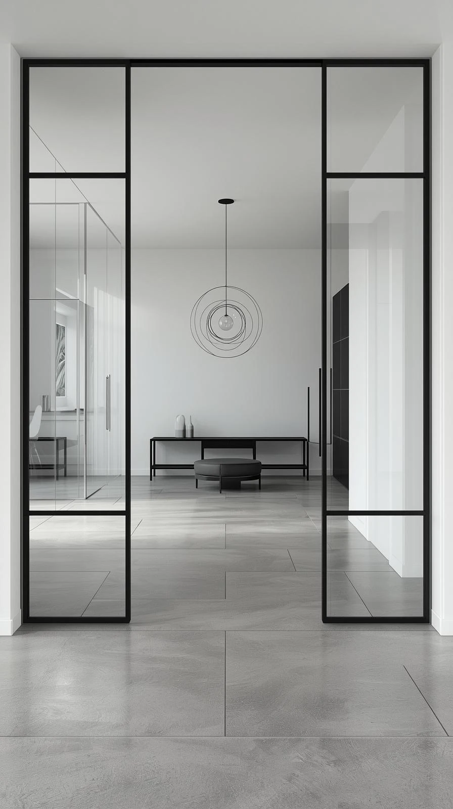 Séparation d'espace minimaliste avec une verrière aux montants noirs ultra-fins dans un intérieur contemporain.