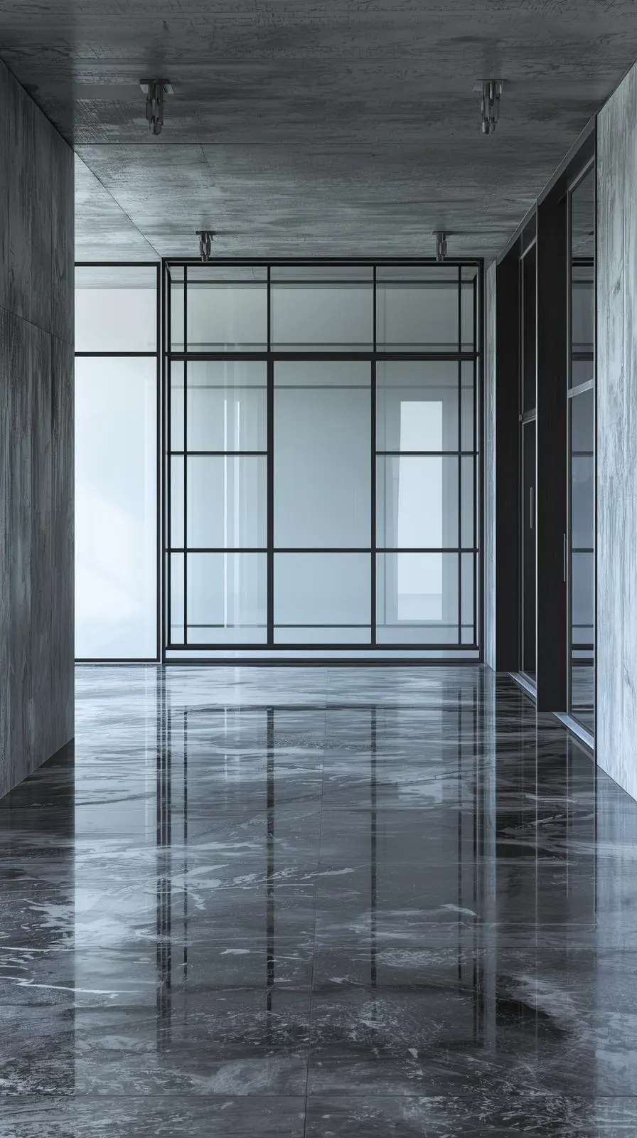 Grande verrière d'entrée fixe, style atelier noir classique, dans un couloir moderne avec murs en béton et sol en marbre.