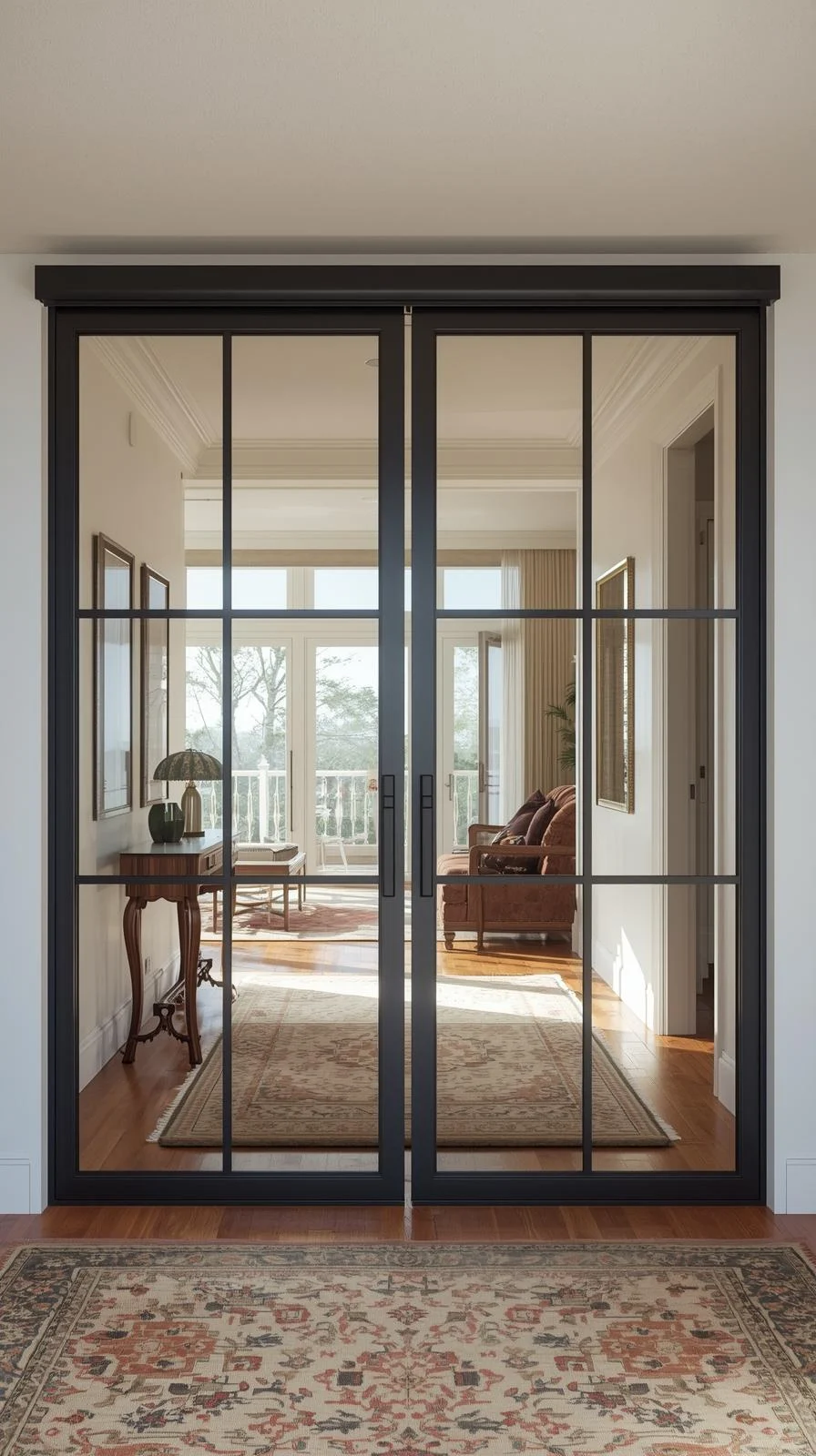 Double porte coulissante en verrière style atelier, cadre noir, séparant un couloir d'un salon classique.