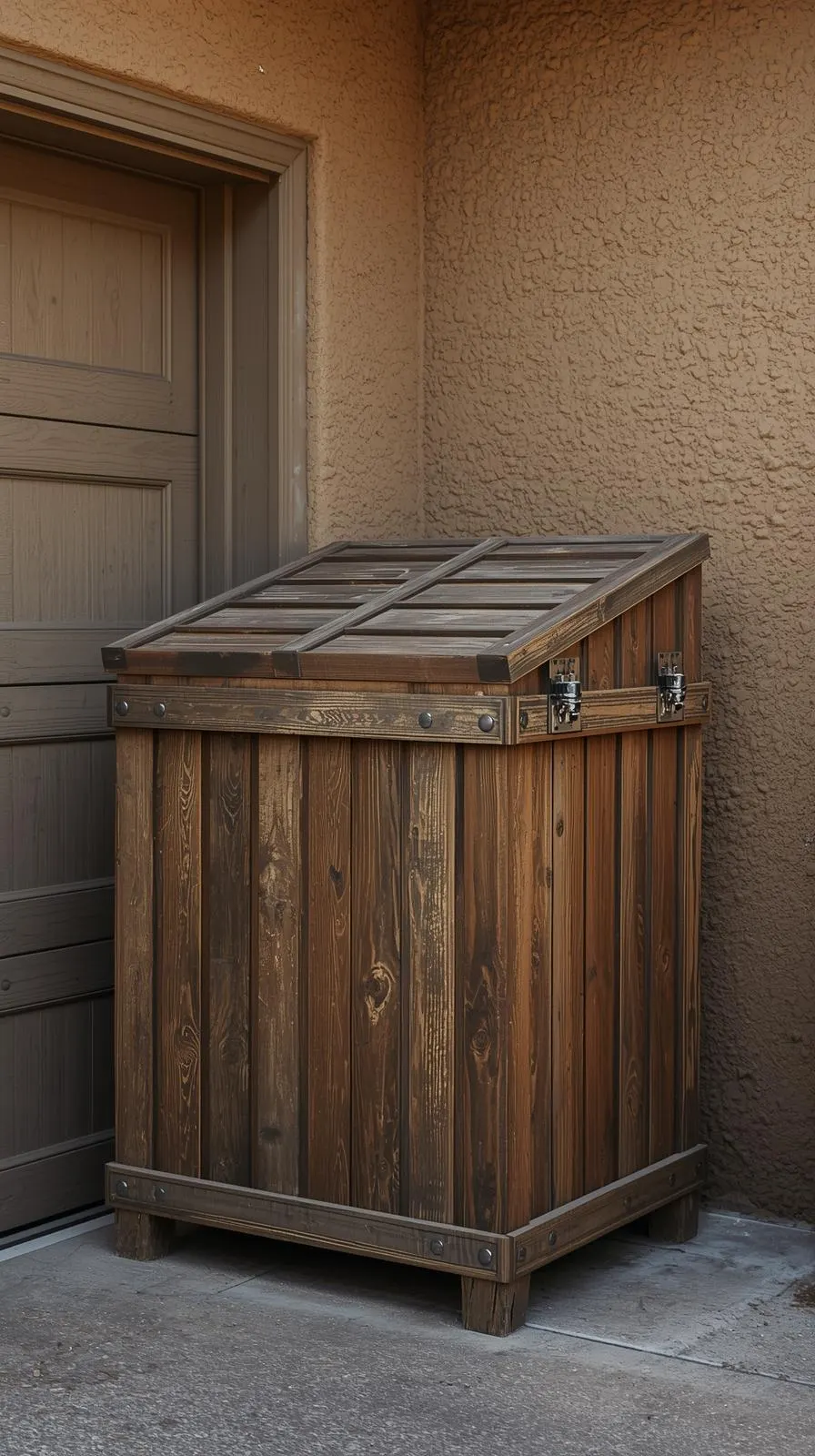 Un grand coffre de rangement extérieur en bois foncé, de style rustique, placé à côté d'une porte de garage pour cacher les poubelles.