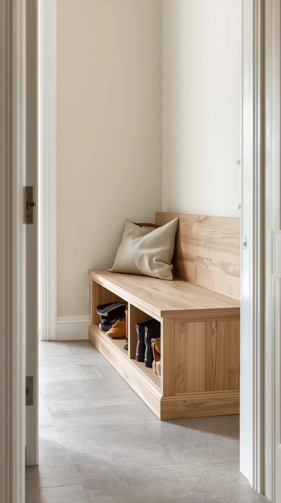 Un banc coffre étroit en bois de chêne clair dans une petite entrée, avec un coussin sur le dessus et un espace de rangement ouvert en dessous pour les chaussures.