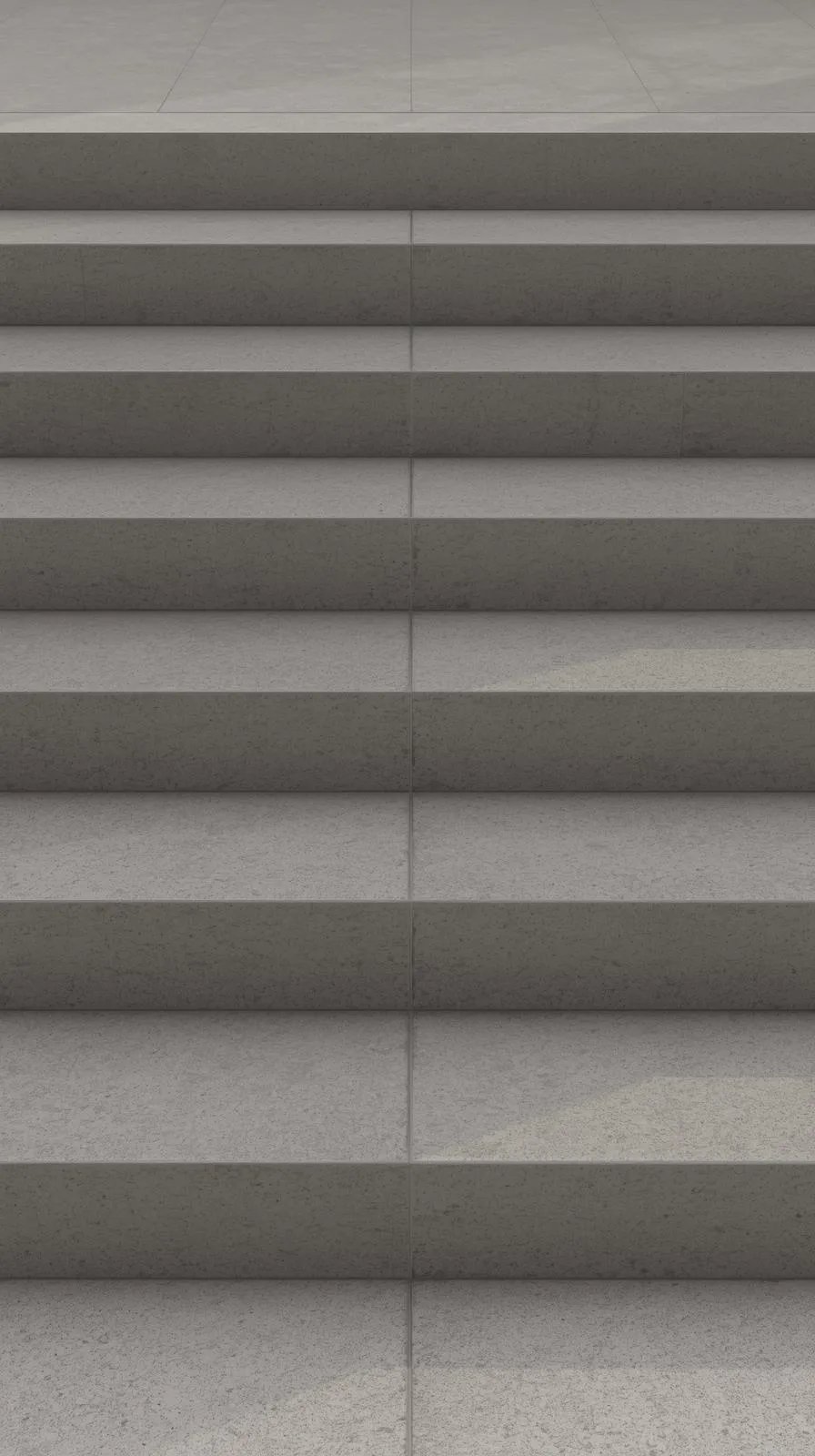 Un escalier extérieur large et minimaliste, avec une finition en béton ciré gris clair, lisse et contemporaine.