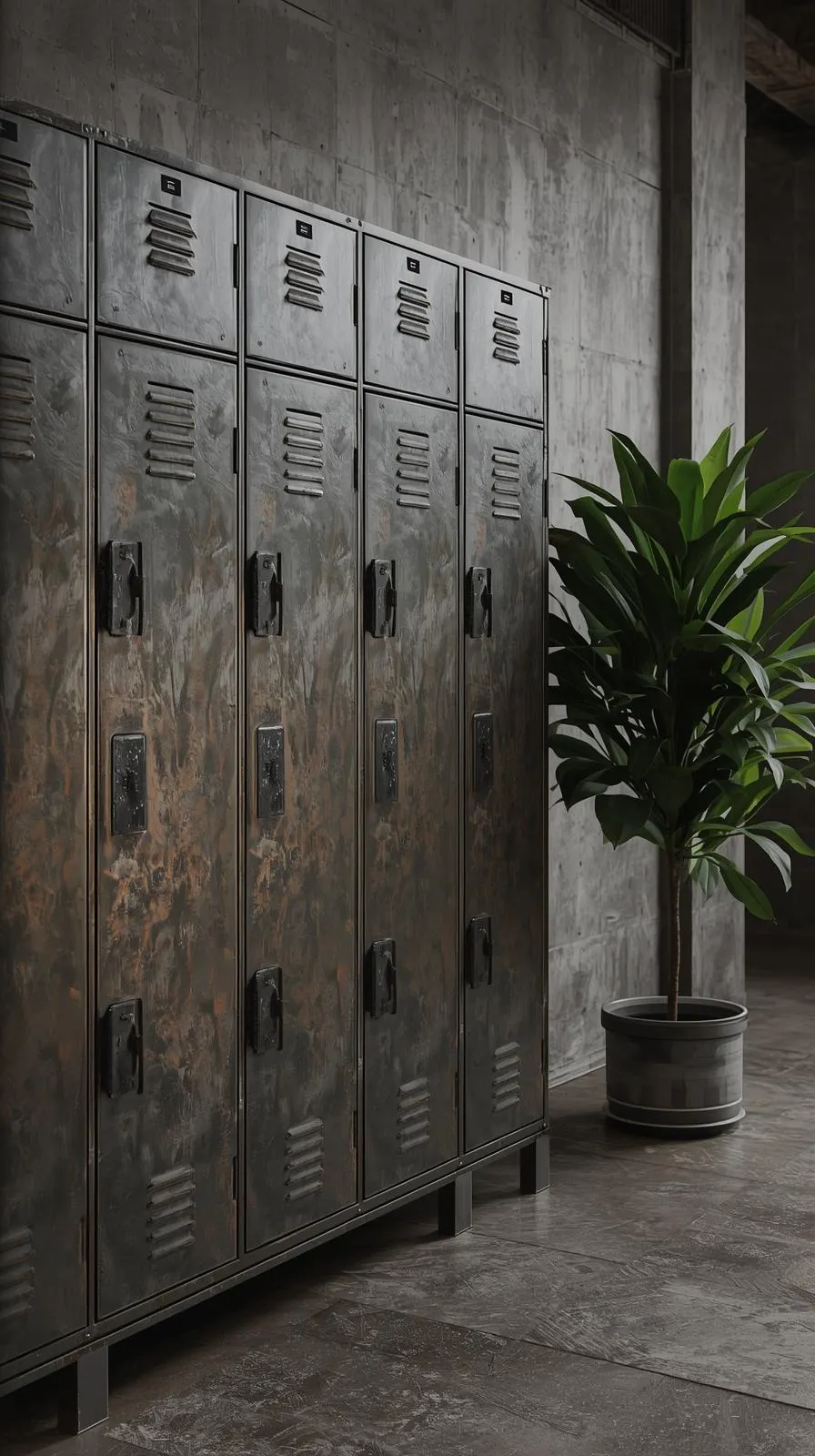 Un buffet d'entrée industriel en métal patiné et foncé, conçu comme des casiers de vestiaire, dans un décor en béton brut.