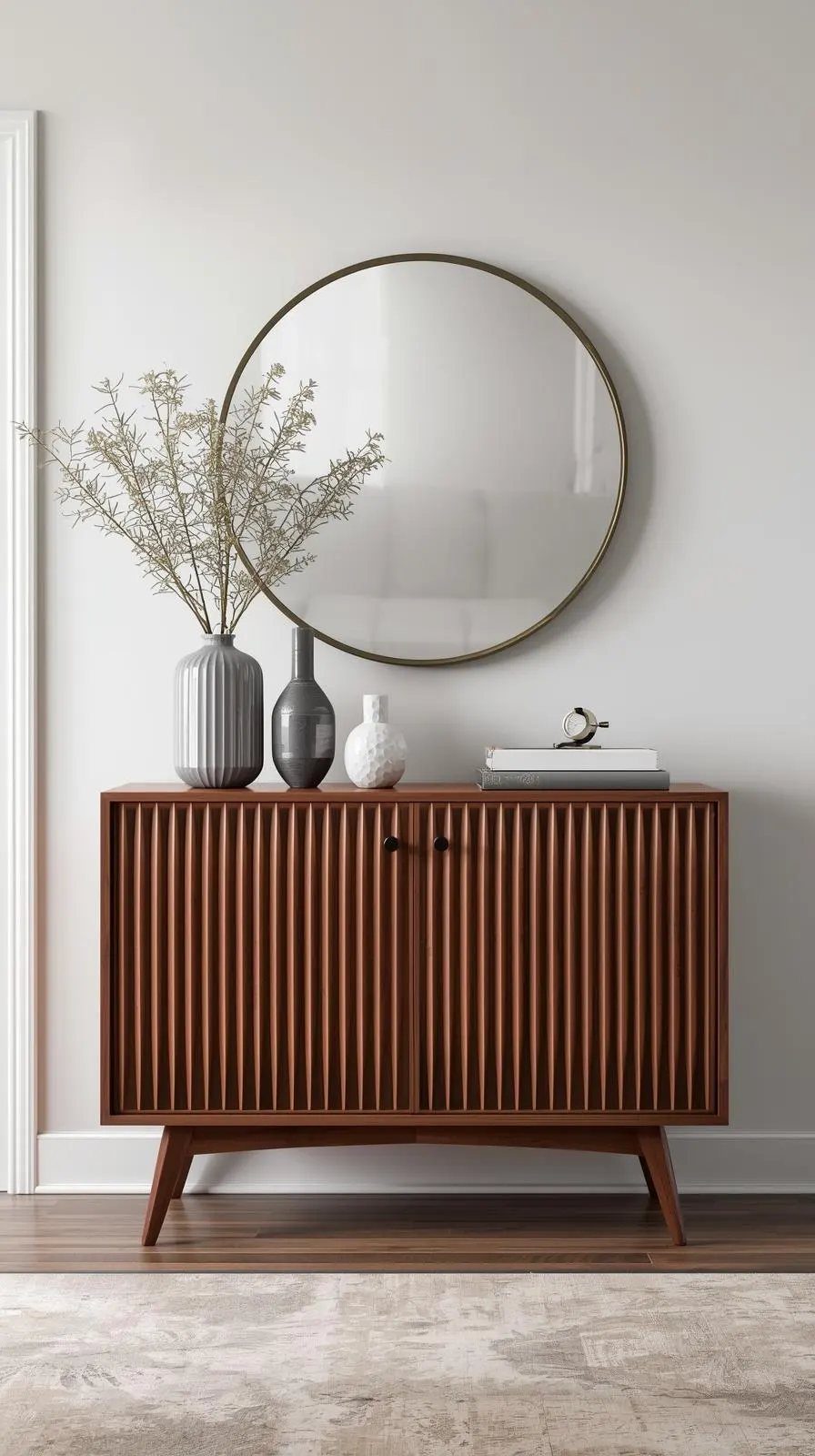 Un buffet d'entrée mid-century en bois de noyer, avec des portes aux façades cannelées verticales et des pieds compas.