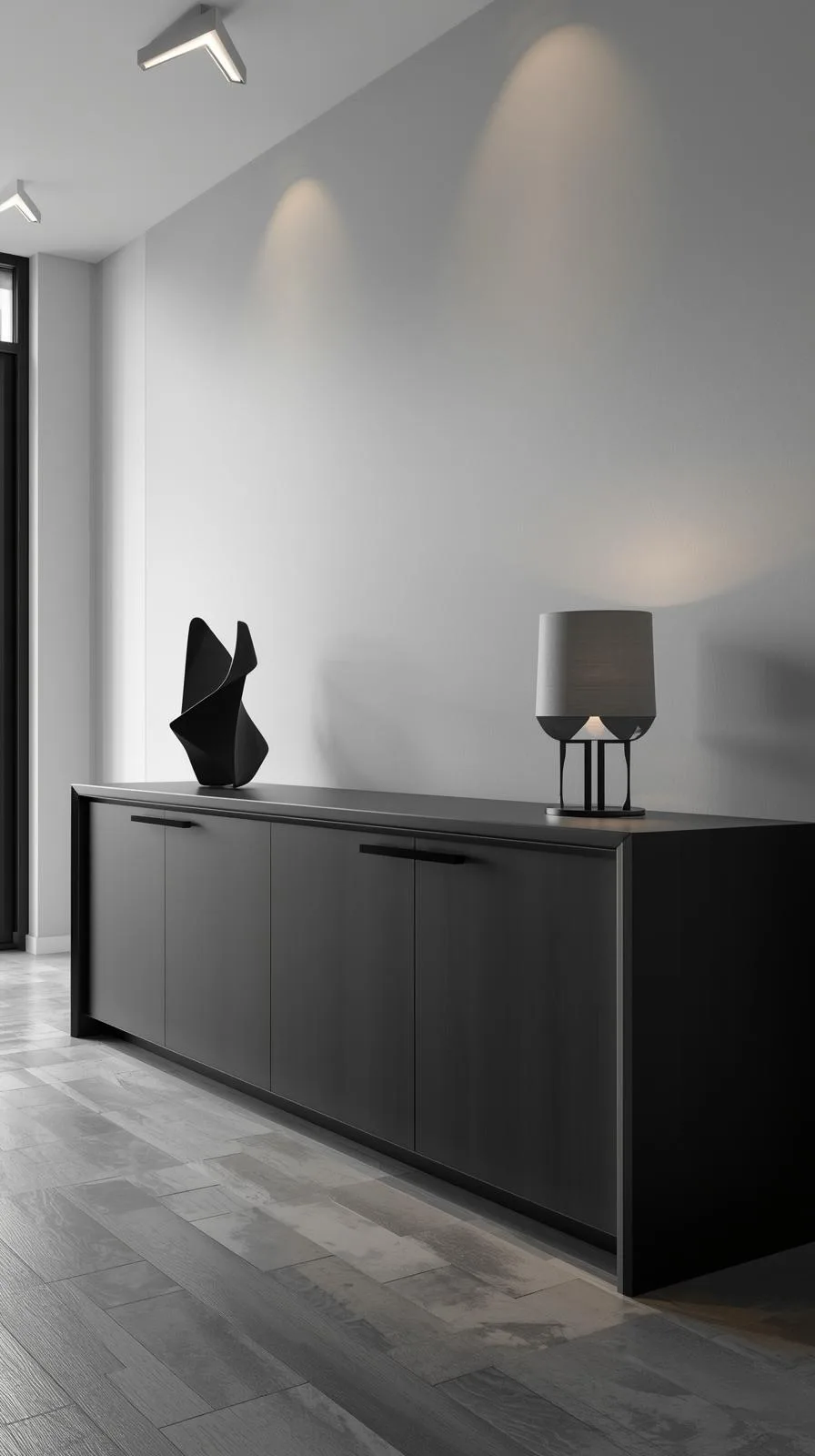Un long buffet d'entrée contemporain, noir mat et minimaliste, sans poignées apparentes, décoré d'une lampe et d'une sculpture.