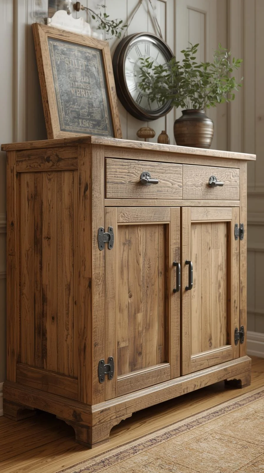 Un buffet d'entrée rustique en pin vieilli, avec des ferrures en métal noir apparentes et un style "maison de campagne".