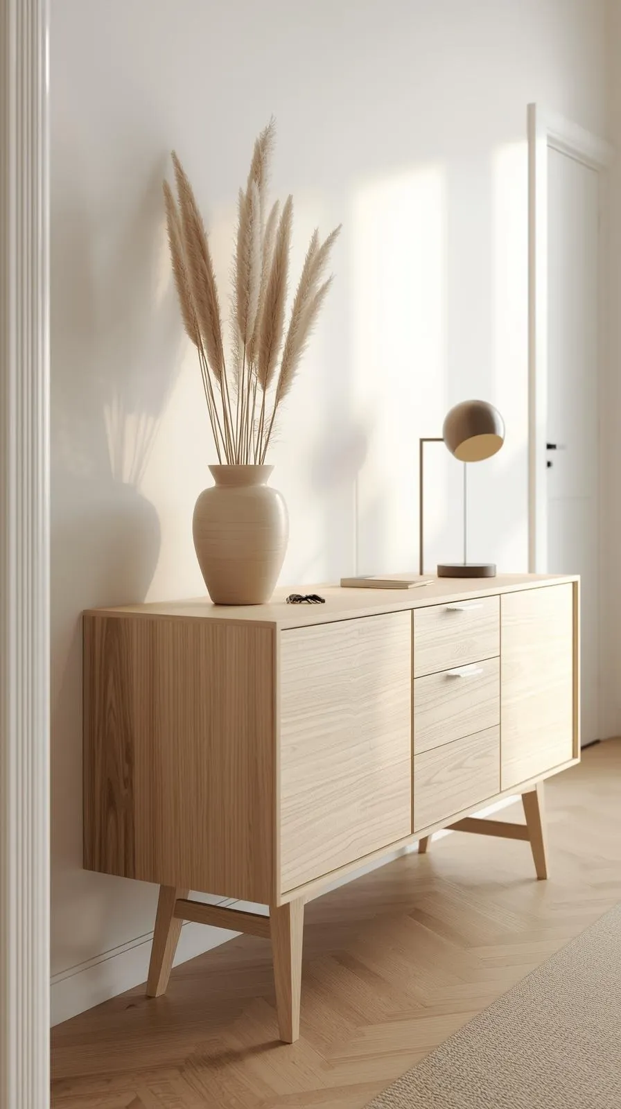 Un buffet d'entrée scandinave en bois clair, avec des pieds compas, décoré d'un vase d'herbes de la pampa et d'une lampe.