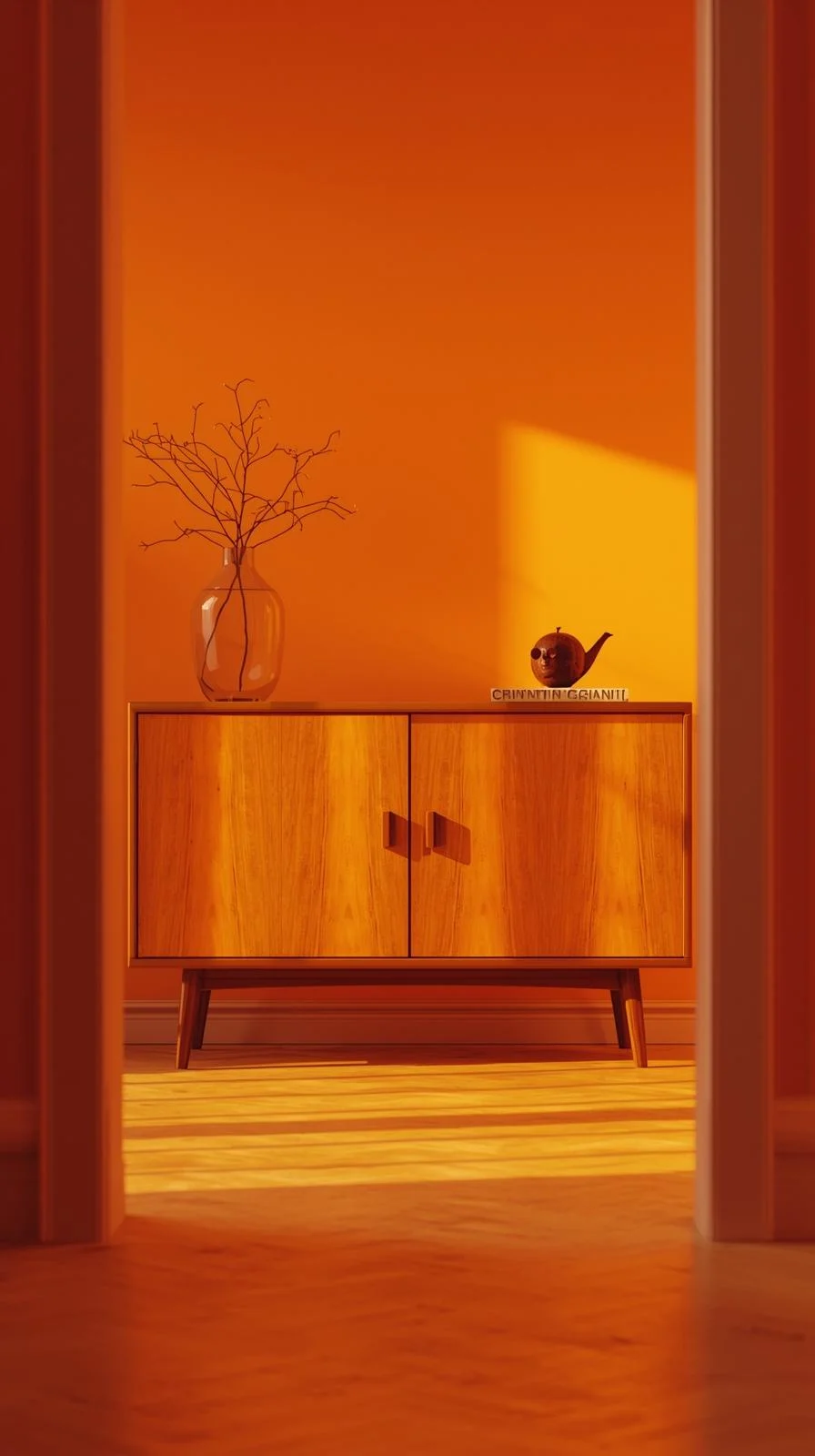Un buffet d'entrée vintage en bois (style Formica) des années 70, dans une pièce baignée d'une lumière orange vif.