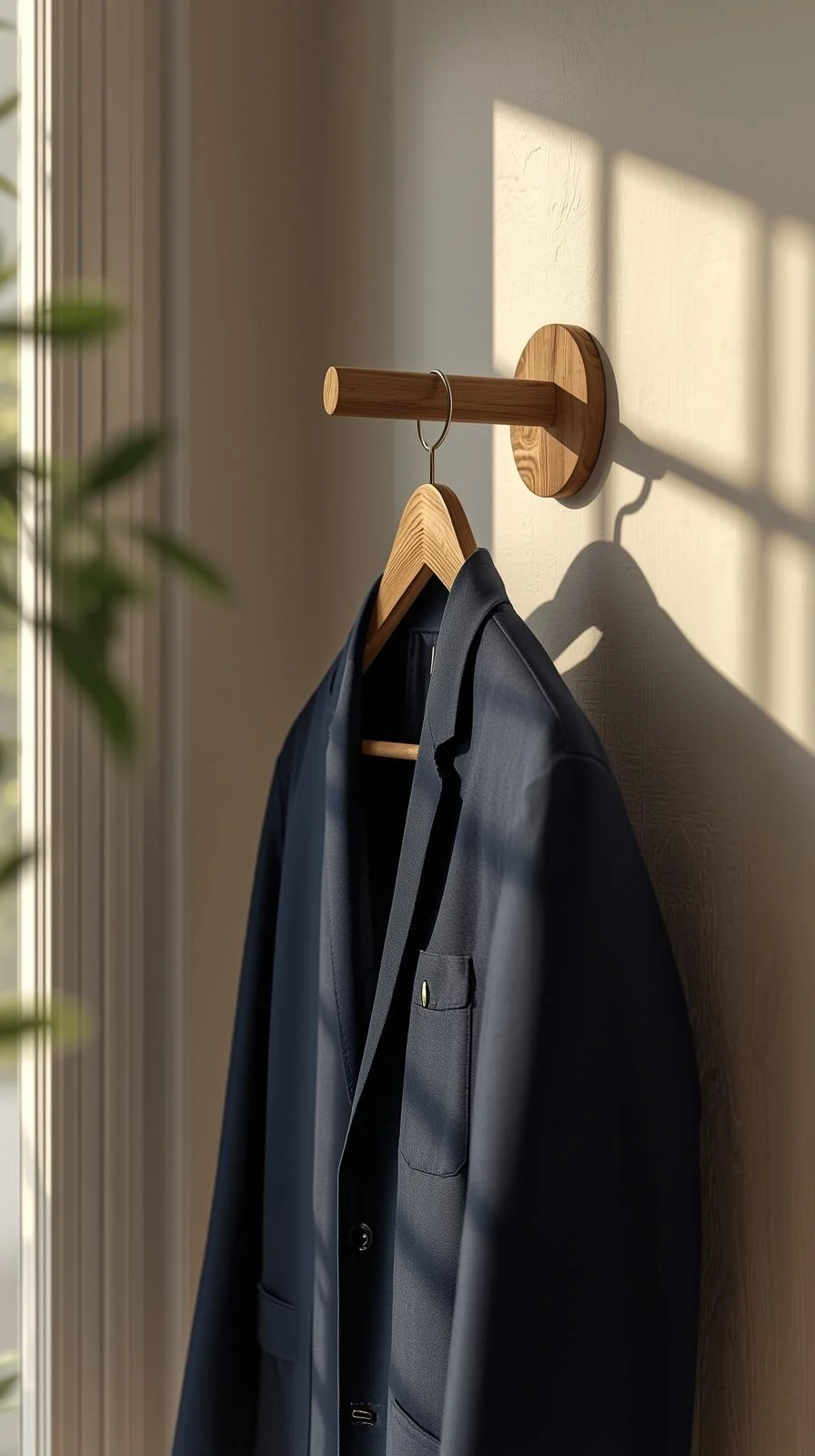 Veste suspendue à un cintre sur une patère murale en bois, solution de rangement discrète pour l'entrée.