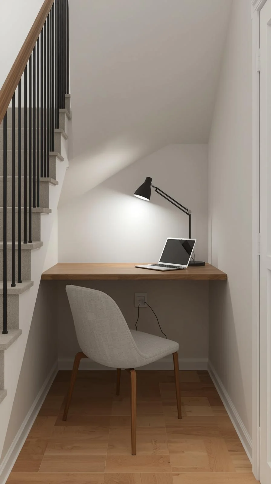 Un coin bureau minimaliste aménagé dans la niche sous un escalier, avec une planche en bois, une chaise et une lampe.