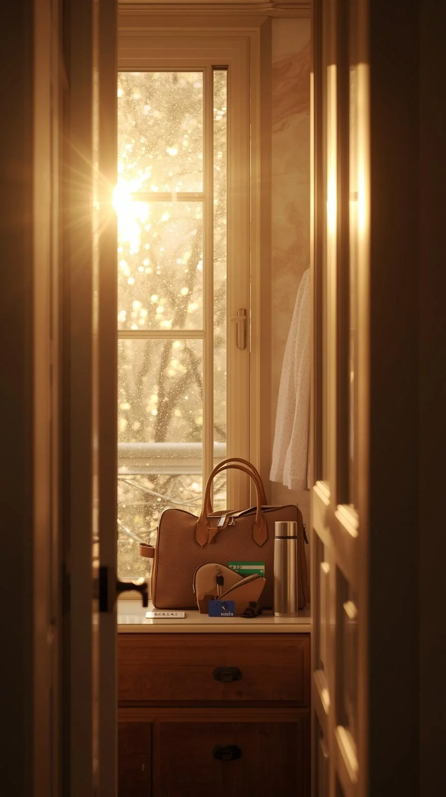 Un sac de voyage en cuir, un thermos et un portefeuille posés sur une console près d'une fenêtre, prêts pour le départ.
