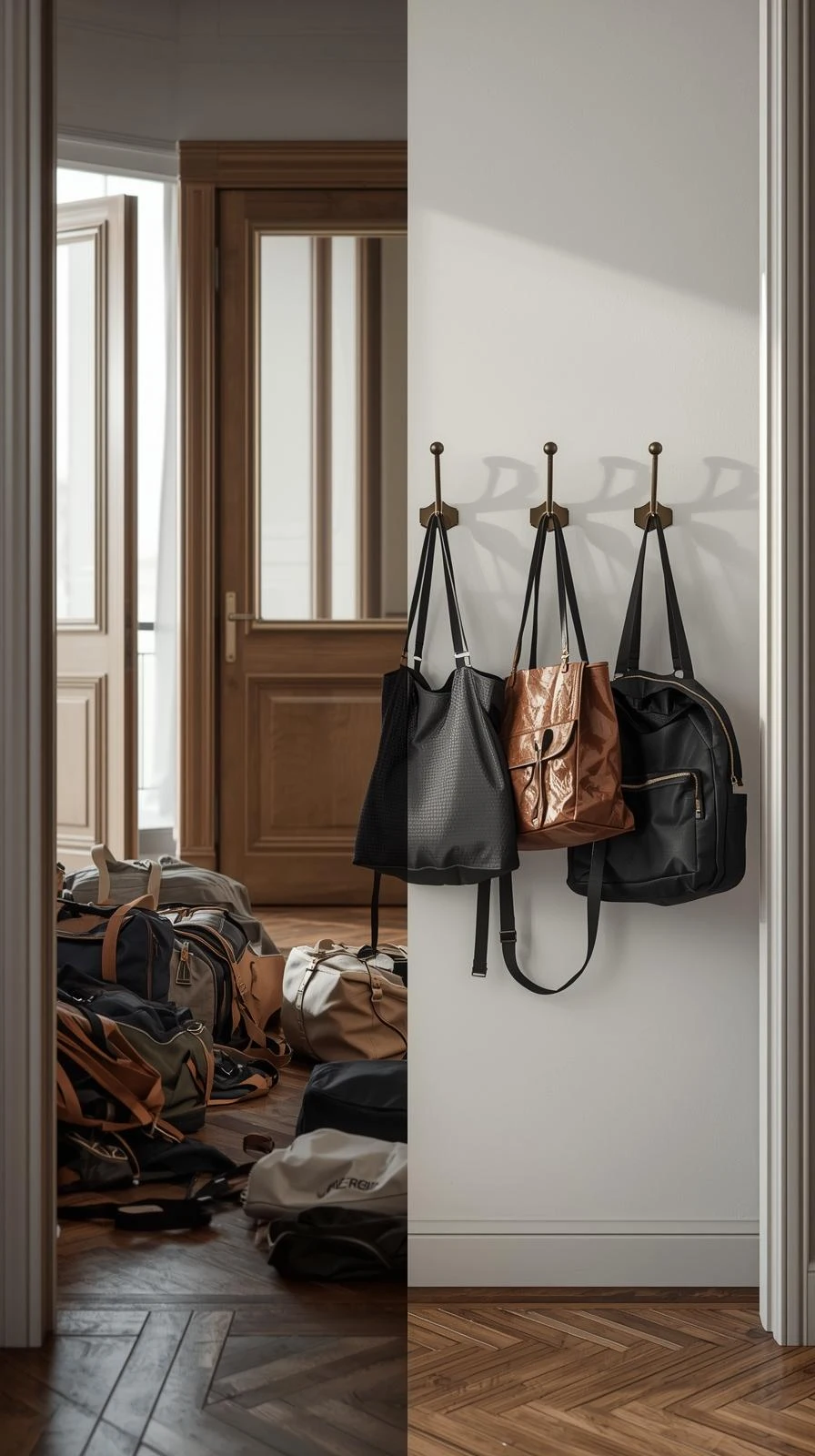 Avant/après organisation d'entrée, montrant l'efficacité de crochets muraux en laiton pour ranger les sacs et cabas.