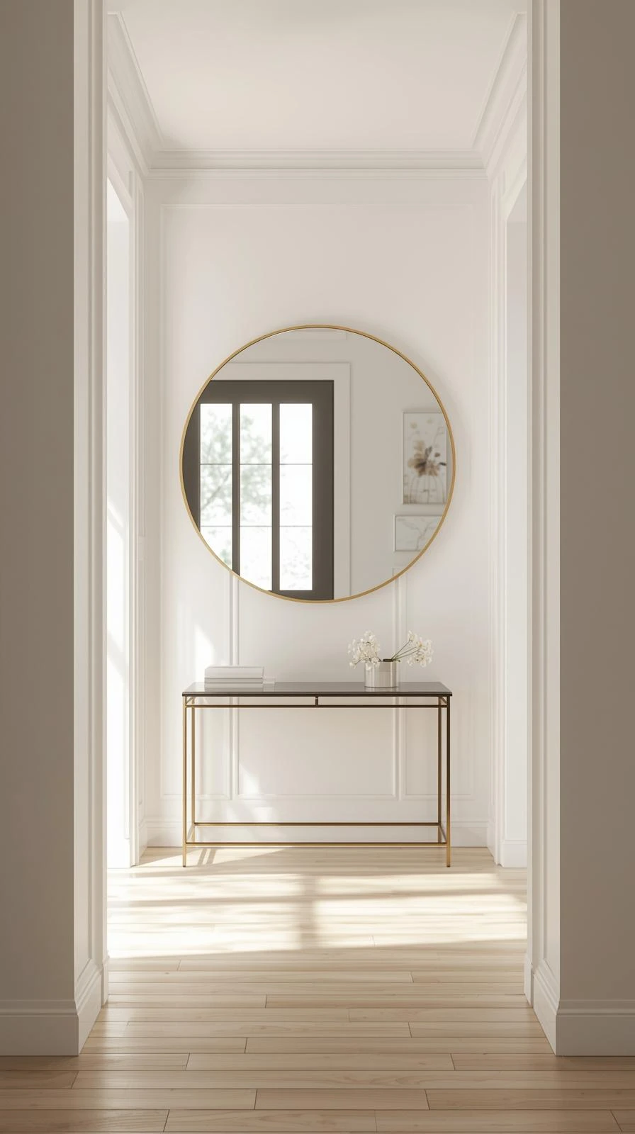 Un grand miroir rond avec un cadre fin doré, accroché au-dessus d'une console design, agrandissant visuellement un decor entree de maison lumineux.
