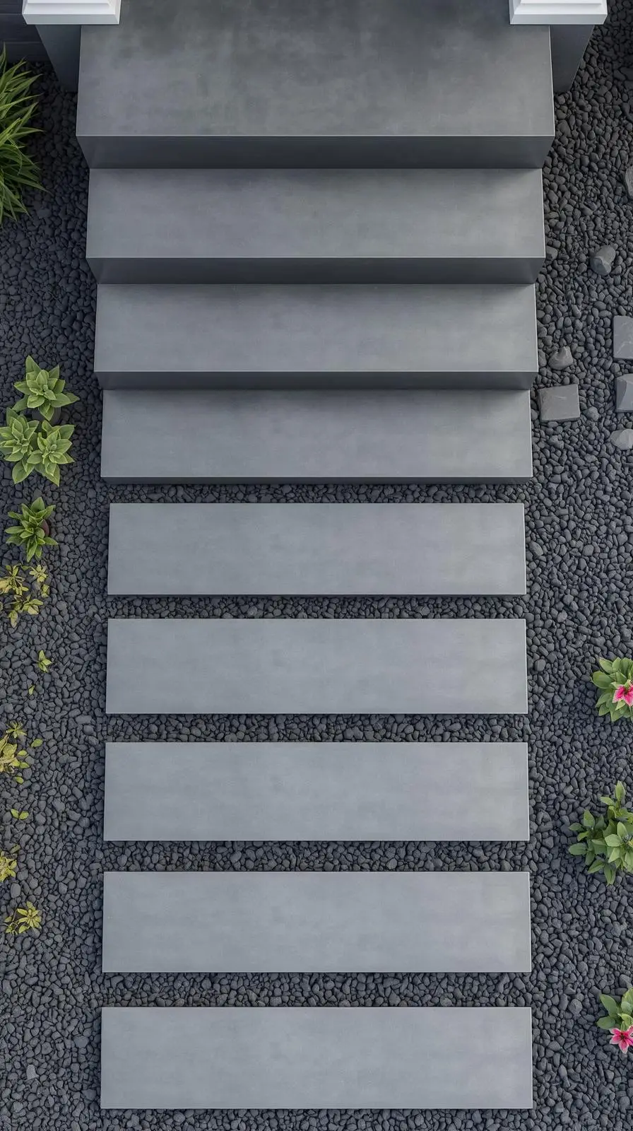 Vue de dessus de marches modernes en béton gris, entourées d'un lit de gravier décoratif anthracite.
