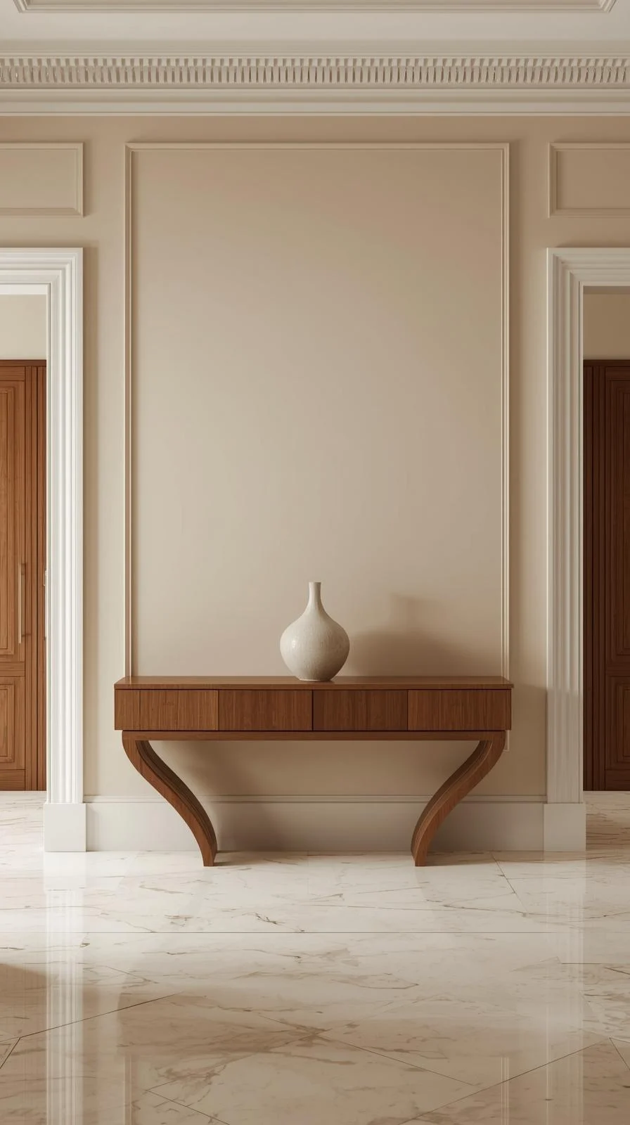 Une console en bois élégante avec un vase blanc, placée symétriquement dans un grand hall d'entrée classique au sol en marbre.