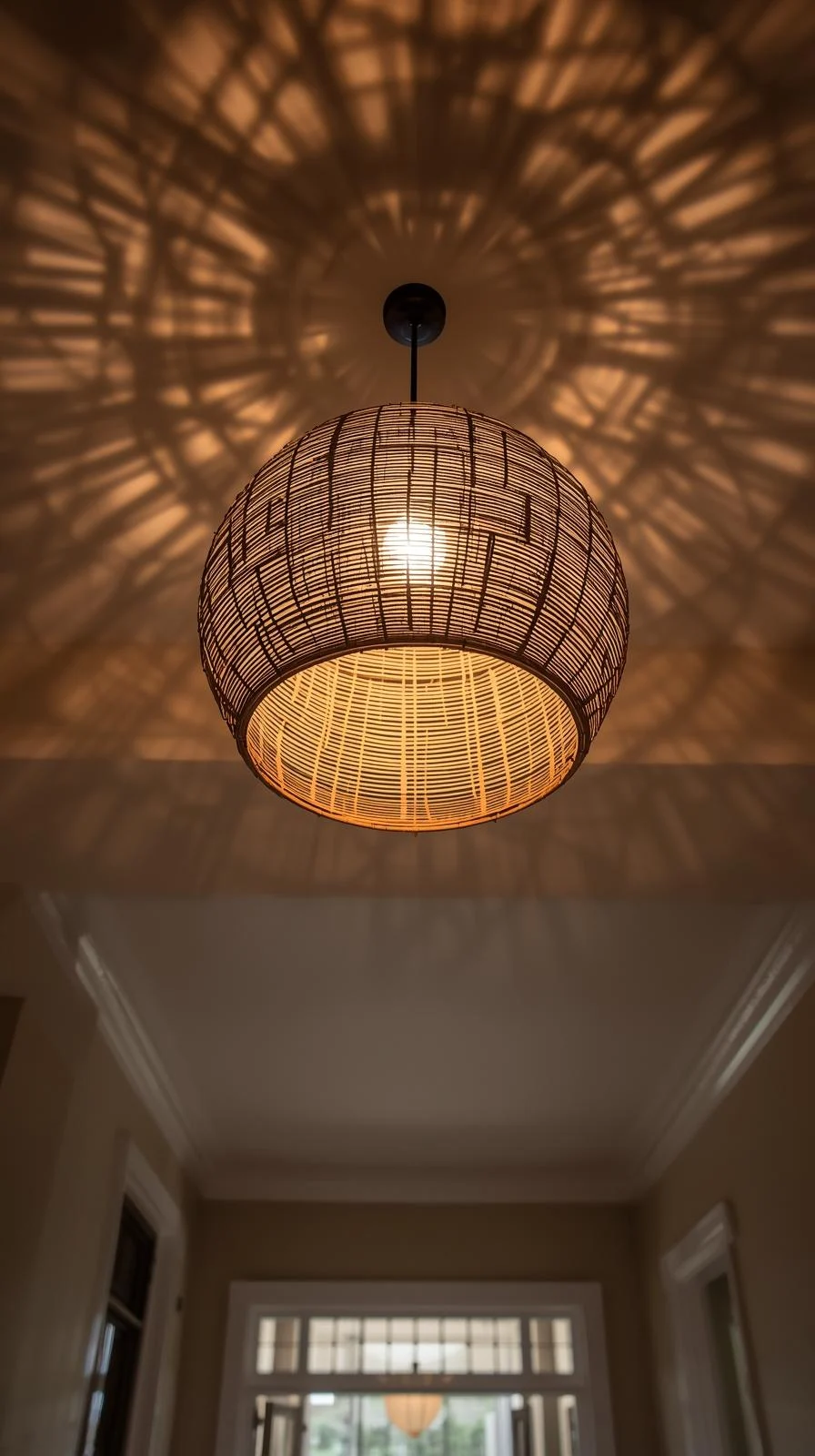 Une grande suspension "statement" en rotin tressé, de forme ronde, projetant des ombres chaudes au plafond d'un decor entree de maison.