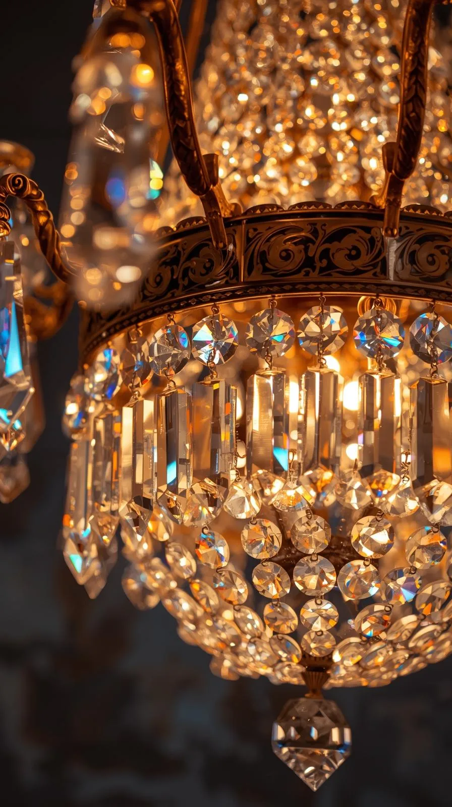Gros plan (macro) d'un lustre à pampilles en cristal, illuminé et créant des reflets prismatiques.
