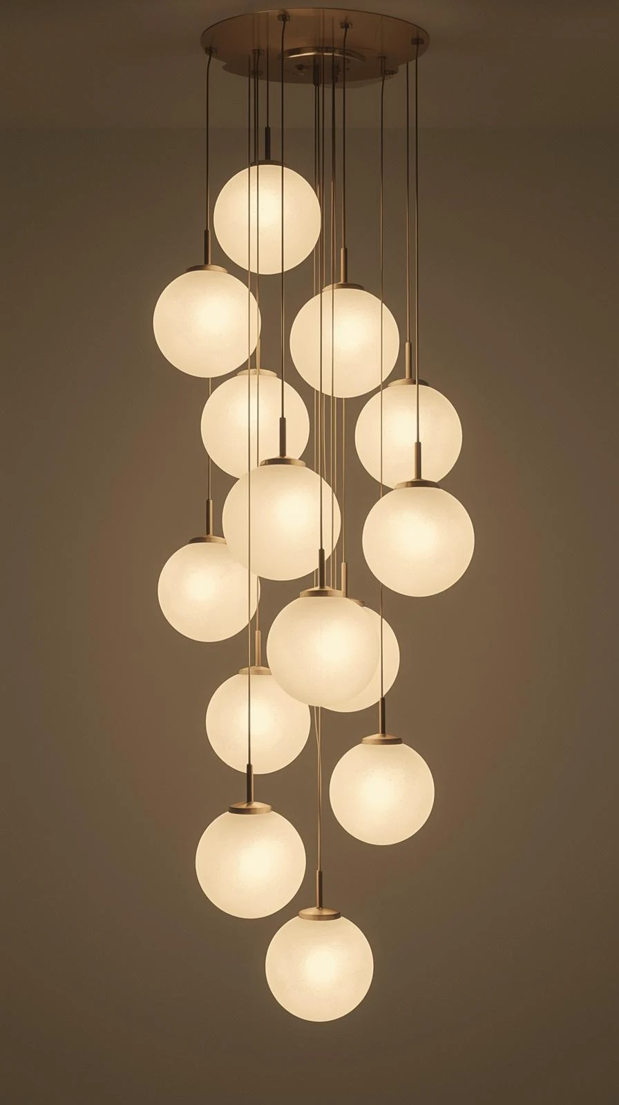 Un lustre "cluster" (en grappe) composé de multiples globes en opaline blanche, suspendus à différentes hauteurs.