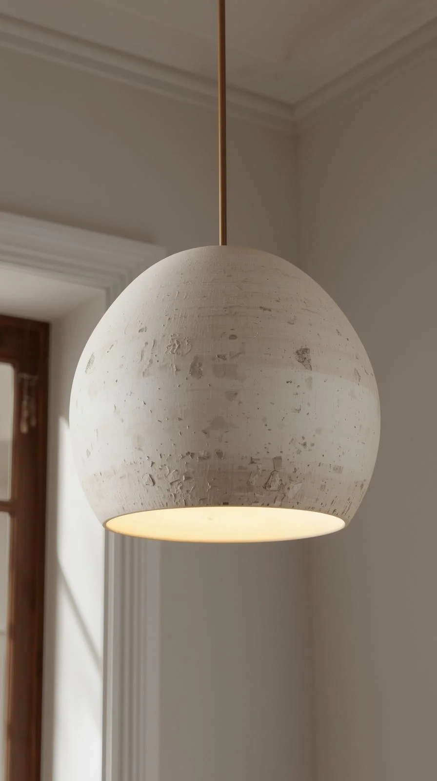 Un lustre artisanal en forme de dôme, fait de céramique blanche avec une finition mate et texturée (style wabi-sabi), suspendu par une tige en laiton.