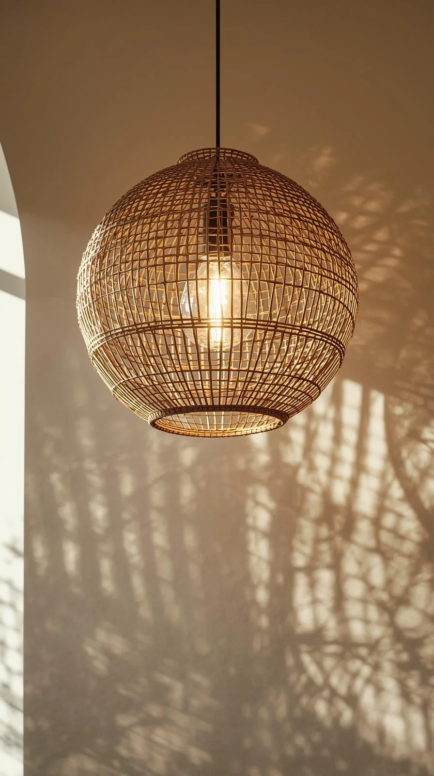 Un grand lustre boule en rotin naturel tressé, suspendu dans une entrée lumineuse, projetant des ombres sur le mur.