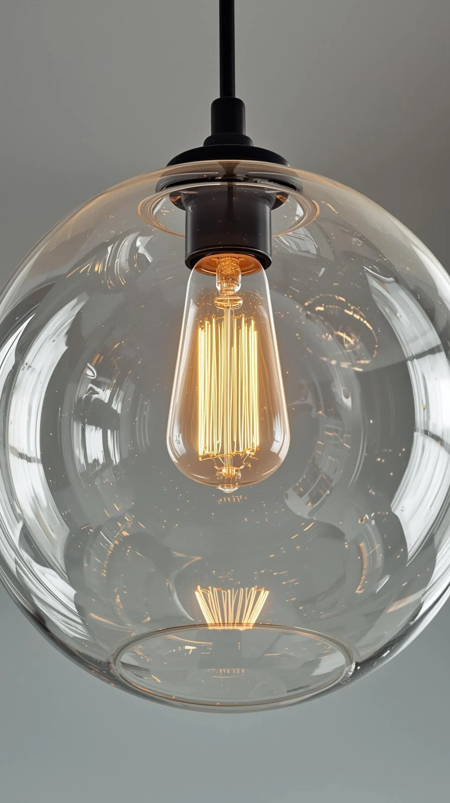 Gros plan d'un lustre globe en verre soufflé transparent, montrant une ampoule Edison à filament chaud à l'intérieur.